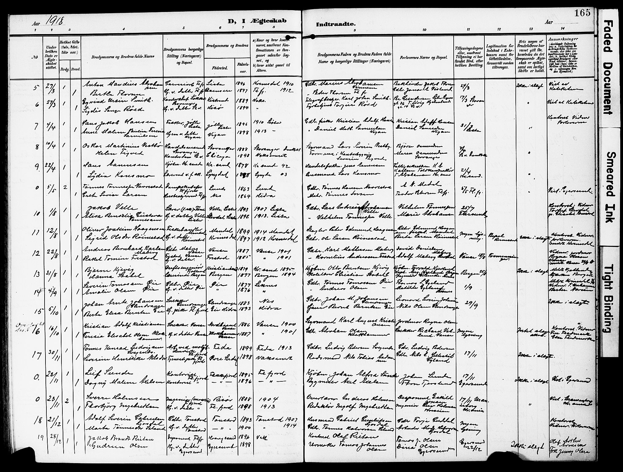 Flekkefjord sokneprestkontor, AV/SAK-1111-0012/F/Fb/Fba/L0001: Klokkerbok nr. B 1, 1903-1931, s. 164