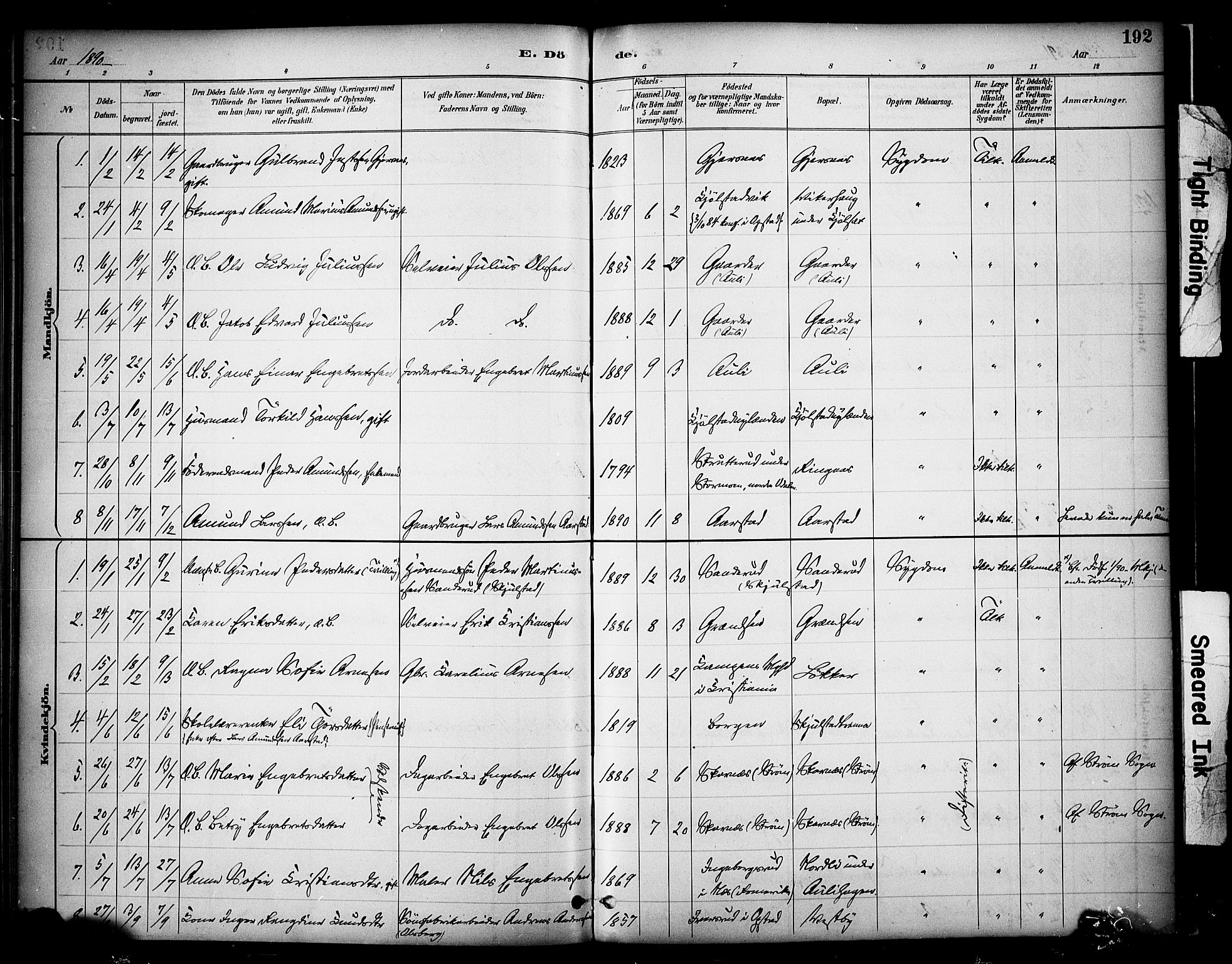 Sør-Odal prestekontor, SAH/PREST-030/H/Ha/Haa/L0009: Ministerialbok nr. 9, 1886-1926, s. 192