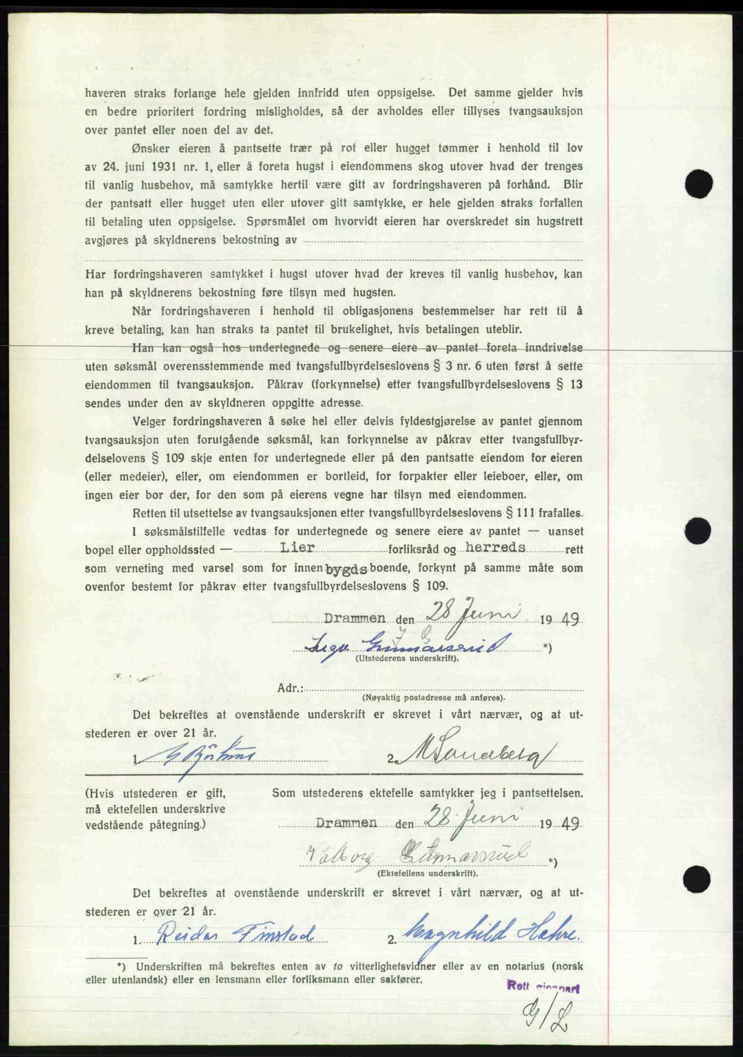 Lier, Røyken og Hurum sorenskriveri, AV/SAKO-A-89/G/Ga/Gab/L0101: Pantebok nr. 101, 1949-1949, Dagboknr: 1740/1949