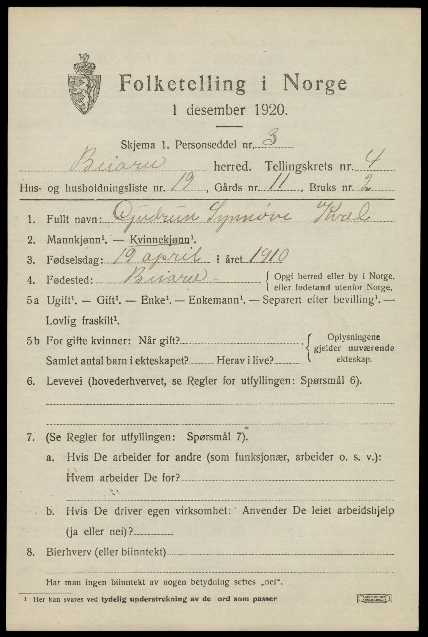 SAT, Folketelling 1920 for 1839 Beiarn herred, 1920, s. 1898