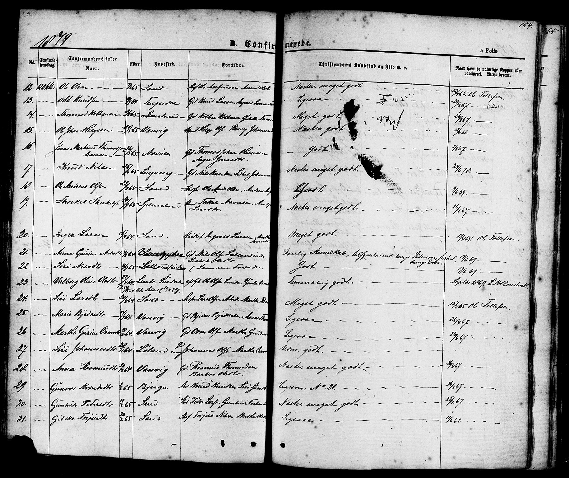 Sand sokneprestkontor, AV/SAST-A-101848/01/III/L0003: Ministerialbok nr. A 3, 1854-1879, s. 154