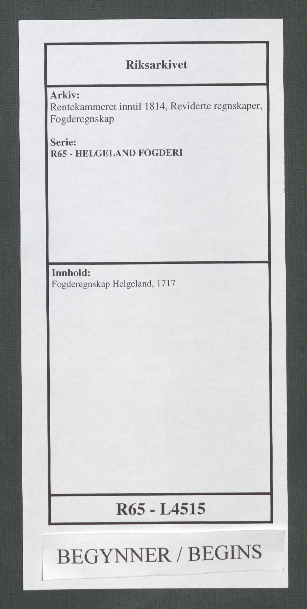 Rentekammeret inntil 1814, Reviderte regnskaper, Fogderegnskap, RA/EA-4092/R65/L4515: Fogderegnskap Helgeland, 1717, s. 1