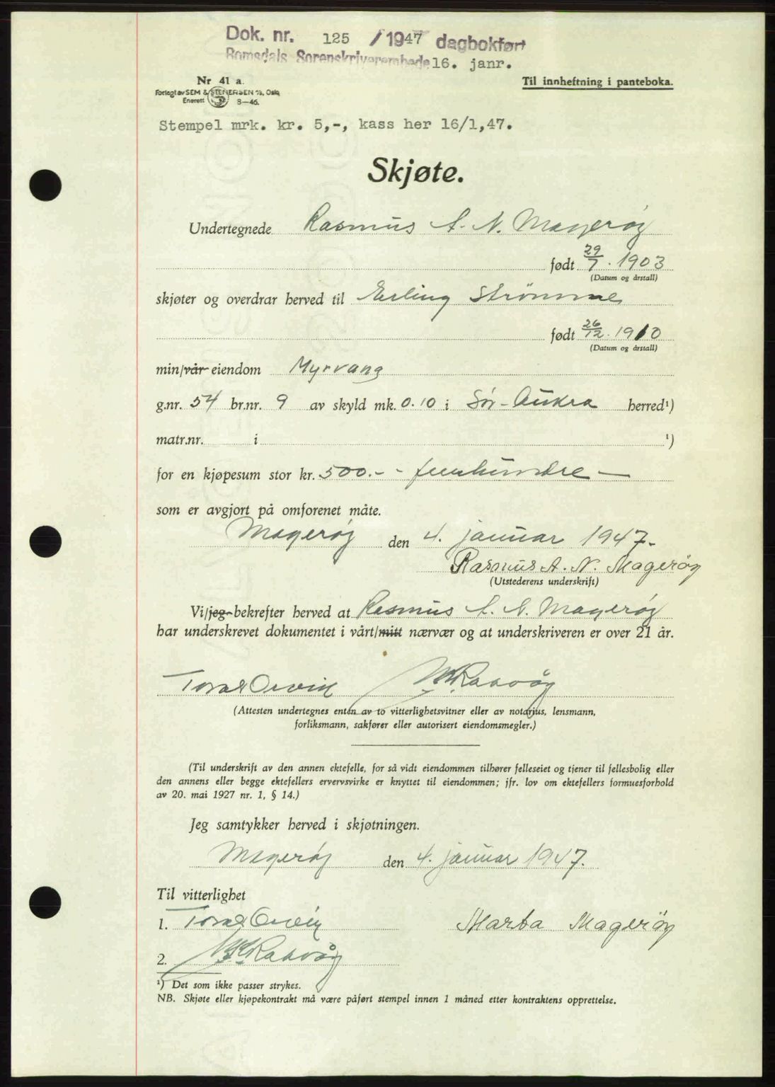 Romsdal sorenskriveri, SAT/A-4149/1/2/2C: Pantebok nr. A22, 1947-1947, Dagboknr: 125/1947