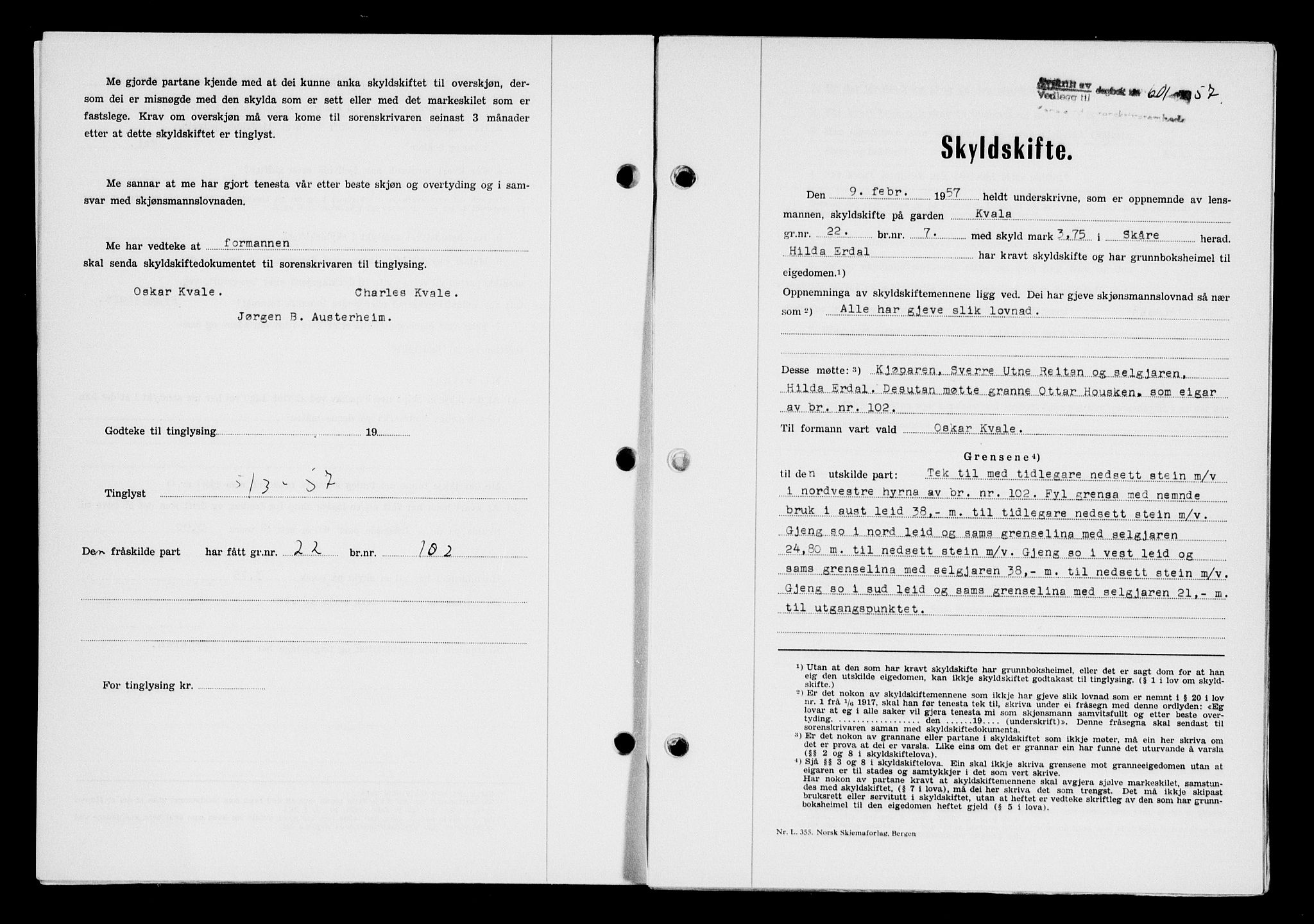 Karmsund sorenskriveri, SAST/A-100311/01/II/IIB/L0124: Pantebok nr. 104A, 1957-1957, Dagboknr: 601/1957