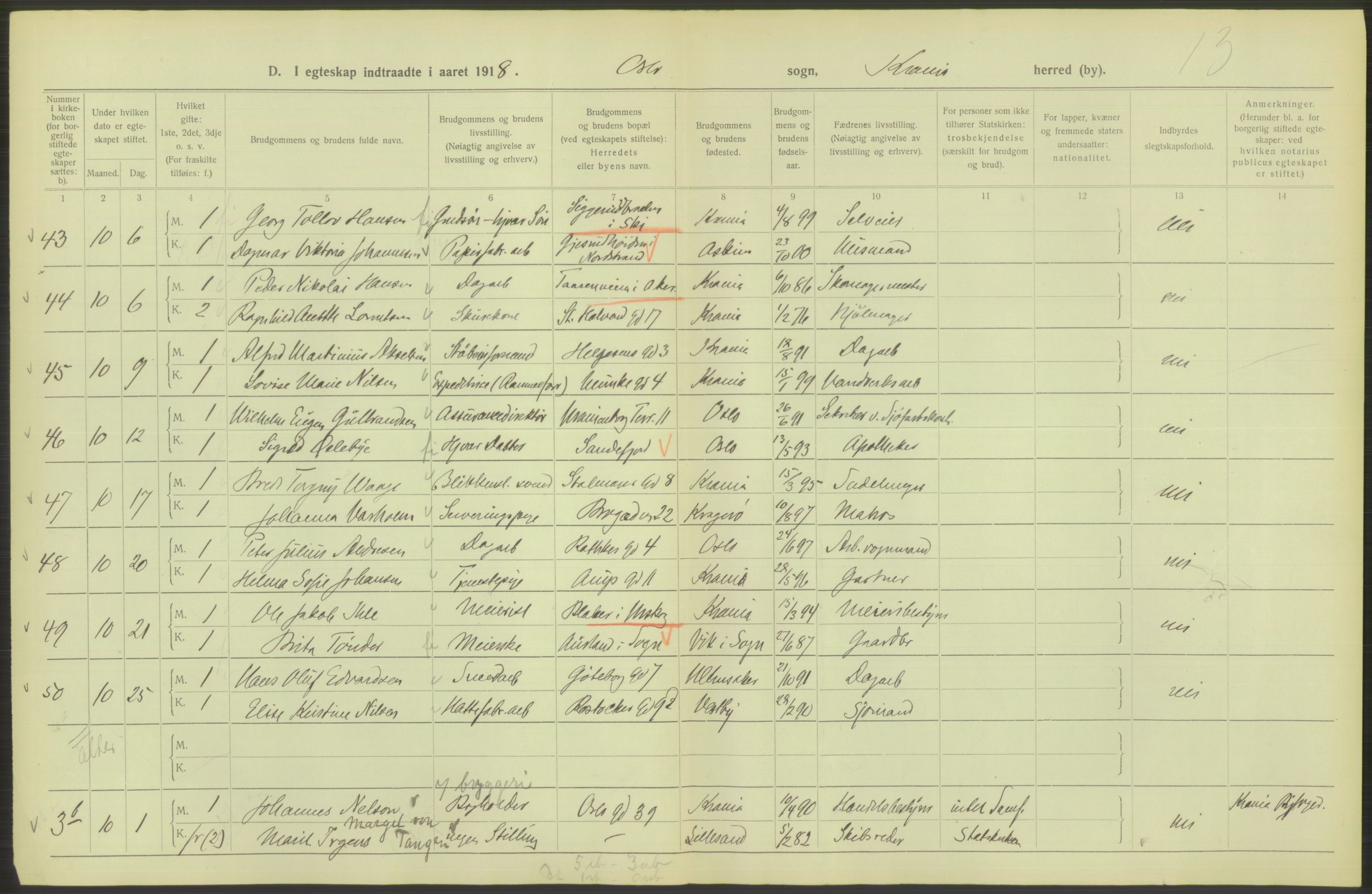 Statistisk sentralbyrå, Sosiodemografiske emner, Befolkning, AV/RA-S-2228/D/Df/Dfb/Dfbh/L0009: Kristiania: Gifte, 1918, s. 976