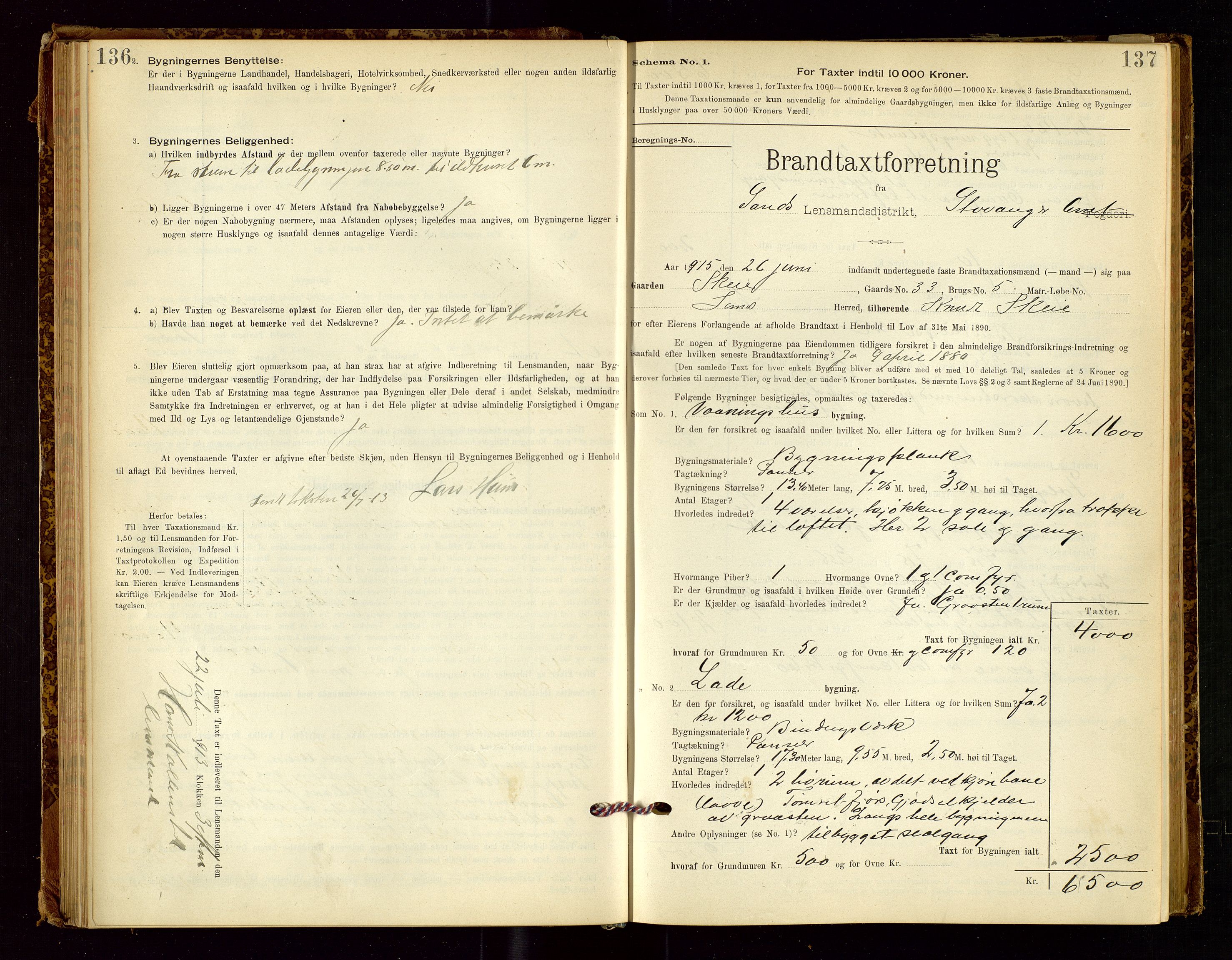 Sand lensmannskontor, AV/SAST-A-100415/Goc/L0001: "Brandtaxationsprotokol", 1895-1935, s. 136-137