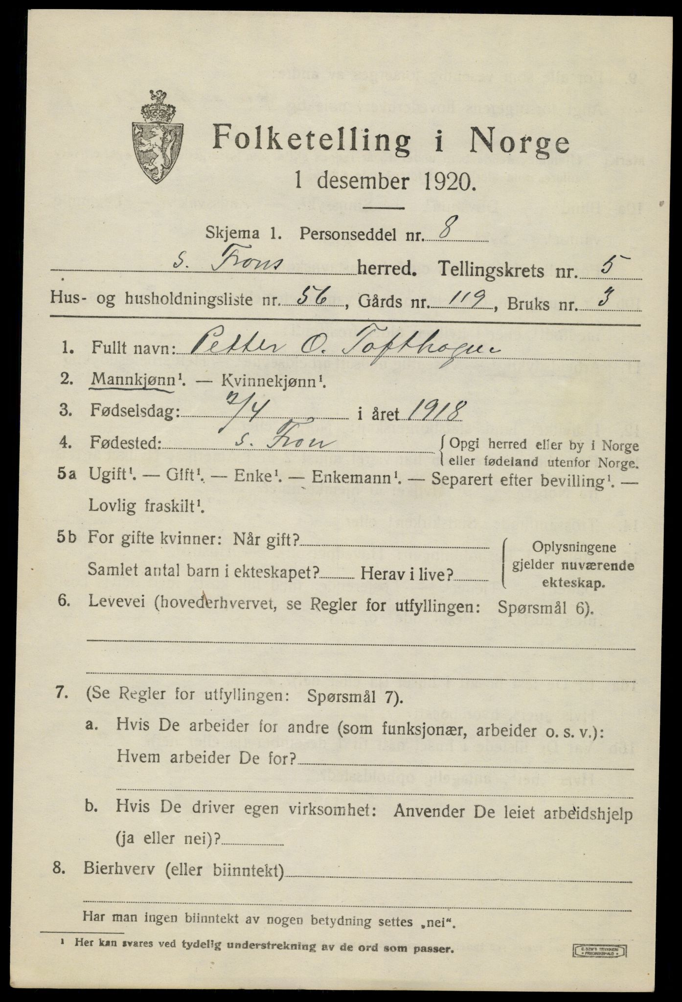 SAH, Folketelling 1920 for 0519 Sør-Fron herred, 1920, s. 6087