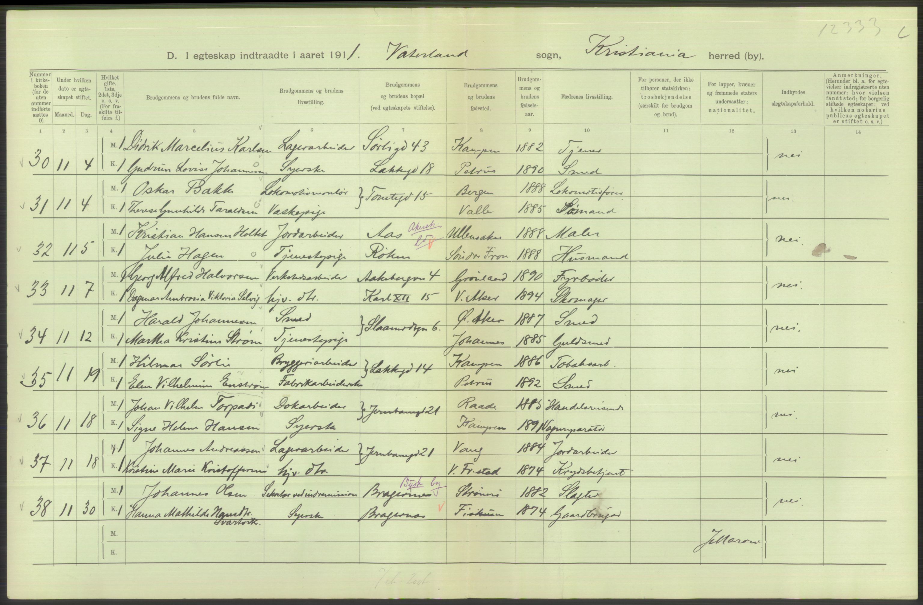 Statistisk sentralbyrå, Sosiodemografiske emner, Befolkning, AV/RA-S-2228/D/Df/Dfb/Dfba/L0008: Kristiania: Gifte, 1911, s. 724