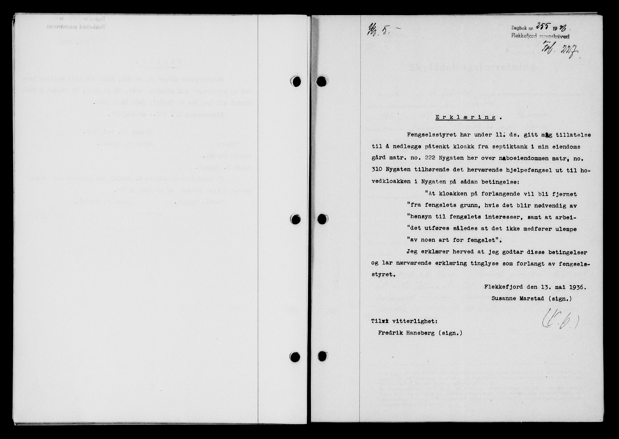 Flekkefjord sorenskriveri, SAK/1221-0001/G/Gb/Gba/L0053: Pantebok nr. A-1, 1936-1937, Dagboknr: 255/1936