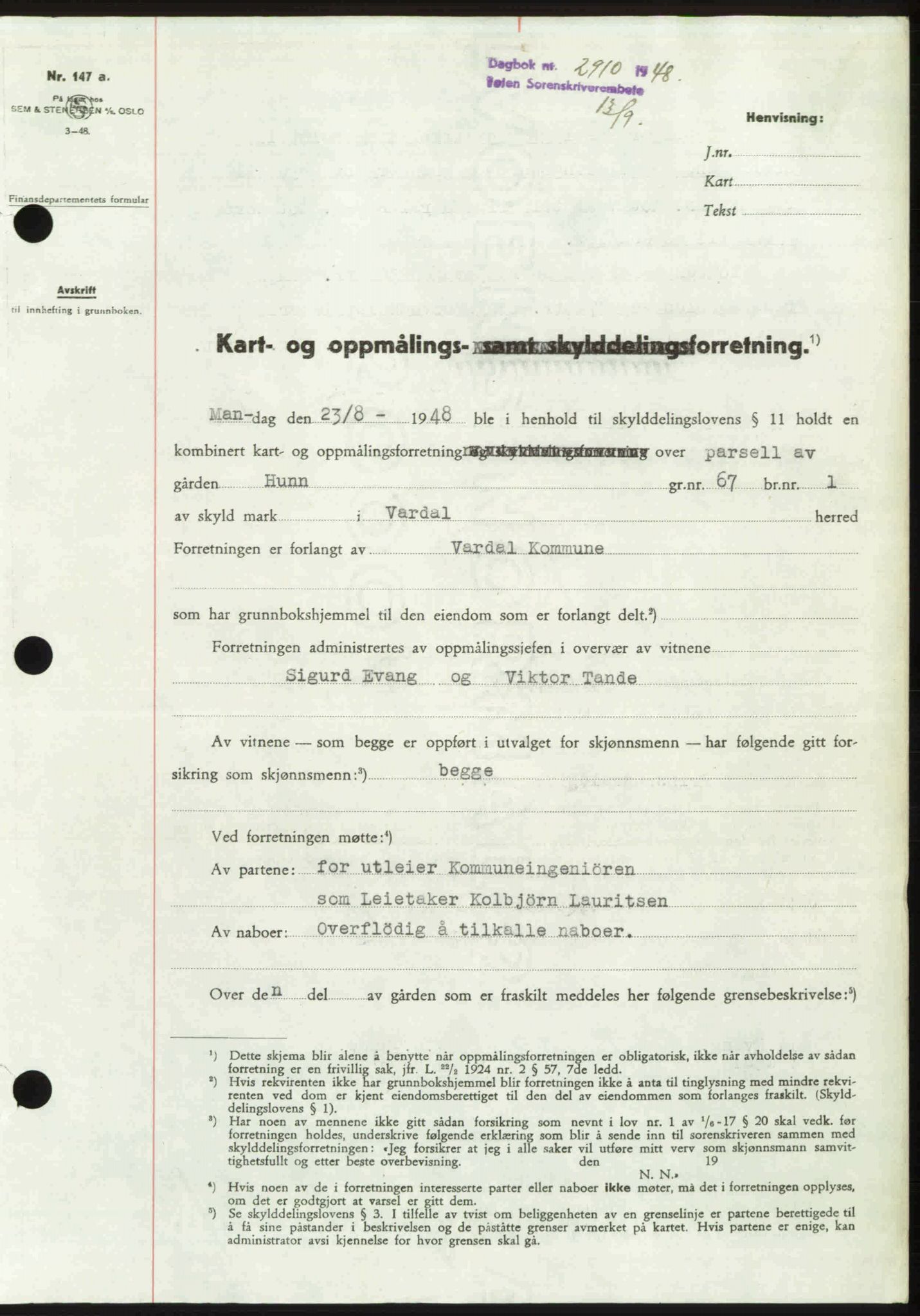 Toten tingrett, SAH/TING-006/H/Hb/Hbc/L0020: Pantebok nr. Hbc-20, 1948-1948, Dagboknr: 2910/1948