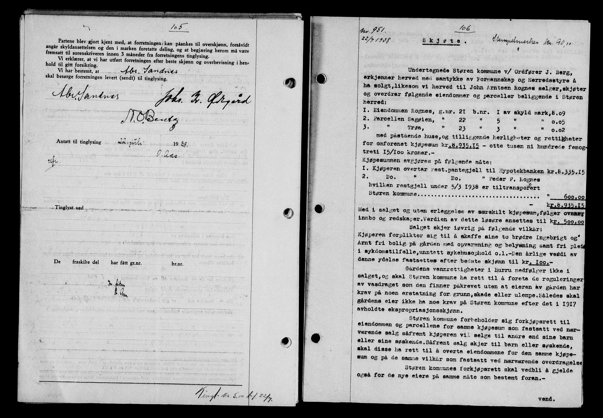 Gauldal sorenskriveri, SAT/A-0014/1/2/2C/L0049: Pantebok nr. 53, 1938-1938, Dagboknr: 951/1938