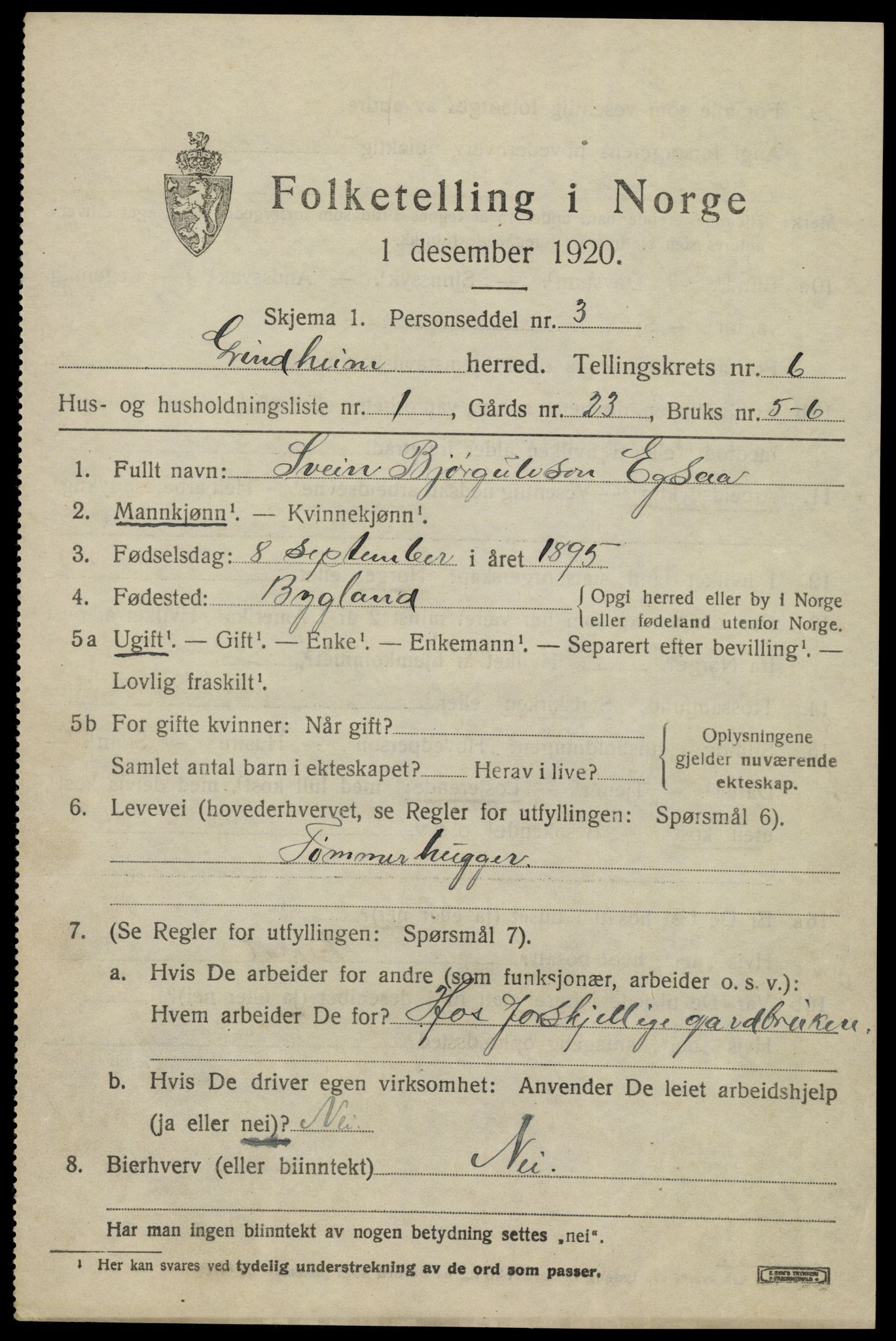 SAK, Folketelling 1920 for 1025 Grindheim herred, 1920, s. 1867