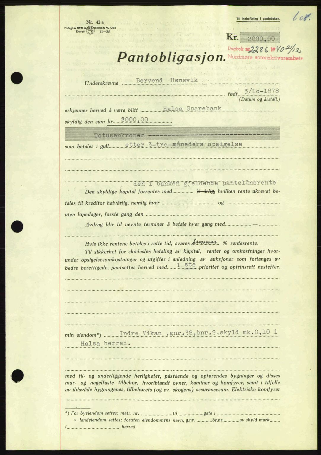 Nordmøre sorenskriveri, AV/SAT-A-4132/1/2/2Ca: Pantebok nr. B87, 1940-1941, Dagboknr: 2286/1940