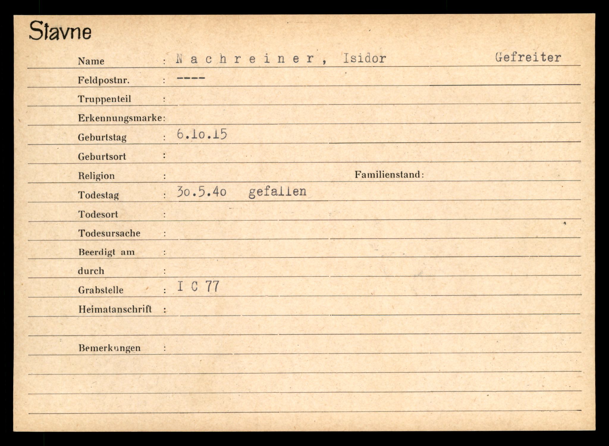 Distriktskontoret for krigsgraver, SAT/A-5030/E/L0003: Kasett/kartotek over tysk Krigskirkegård Stavne, 1945, s. 979