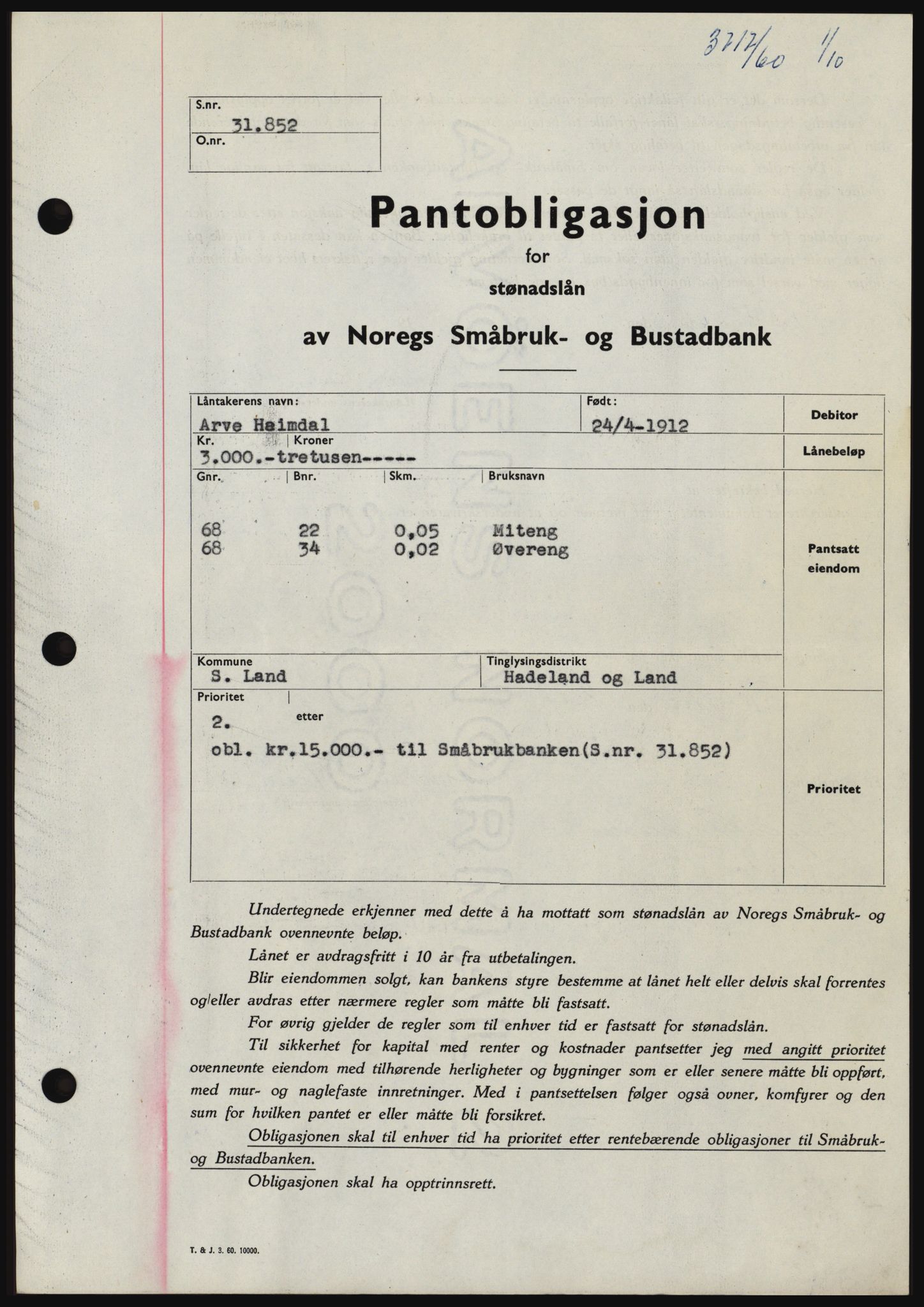 Hadeland og Land tingrett, SAH/TING-010/H/Hb/Hbc/L0044: Pantebok nr. B44, 1960-1961, Dagboknr: 3717/1960