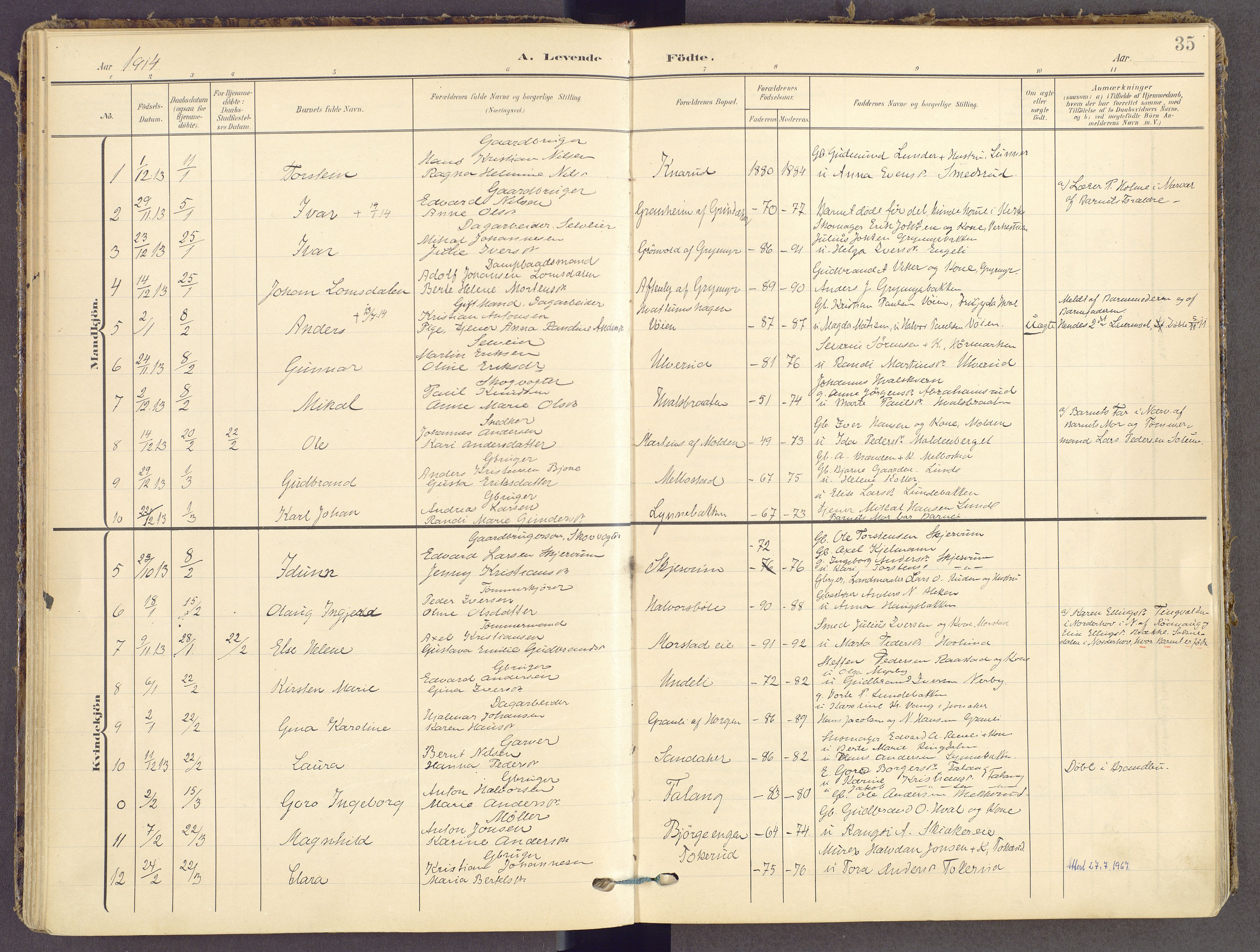 Gran prestekontor, SAH/PREST-112/H/Ha/Haa/L0021: Ministerialbok nr. 21, 1908-1932, s. 35