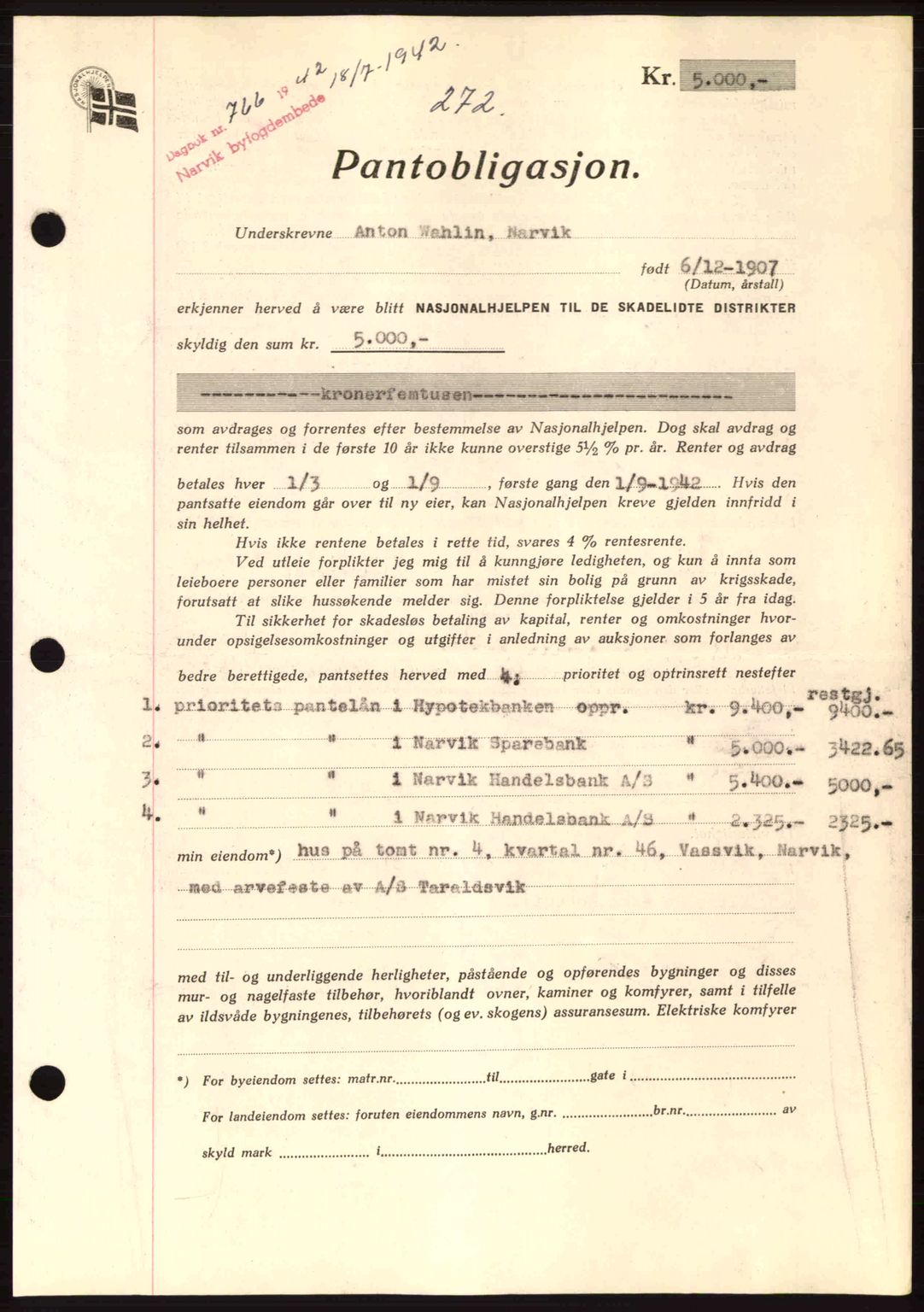 Narvik sorenskriveri, SAT/A-0002/1/2/2C/2Ca: Pantebok nr. A19, 1942-1943, Dagboknr: 766/1942