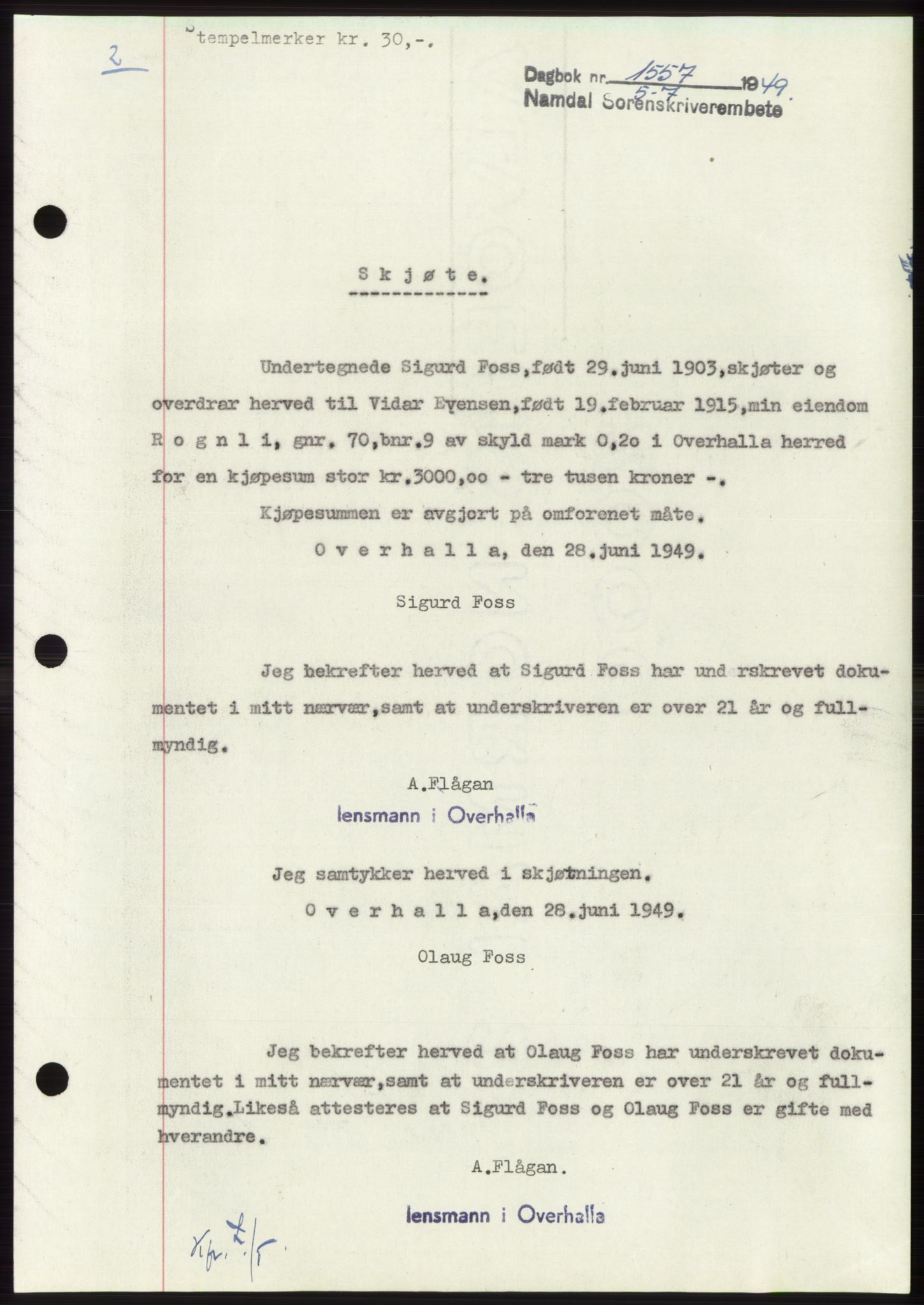 Namdal sorenskriveri, SAT/A-4133/1/2/2C: Pantebok nr. -, 1949-1949, Dagboknr: 1557/1949