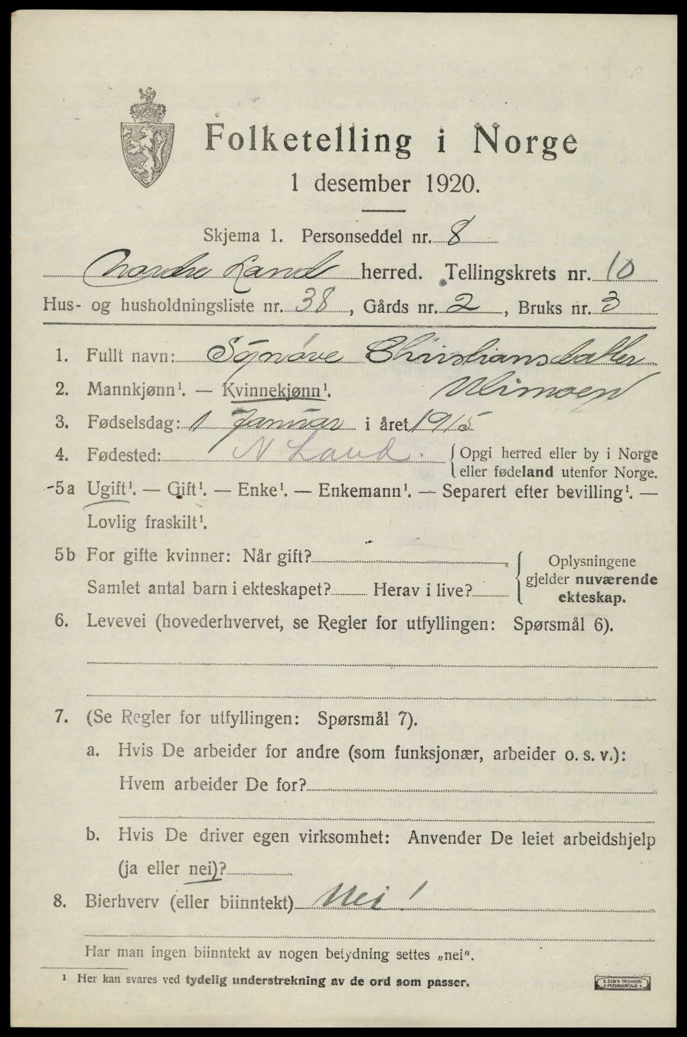 SAH, Folketelling 1920 for 0538 Nordre Land herred, 1920, s. 5638