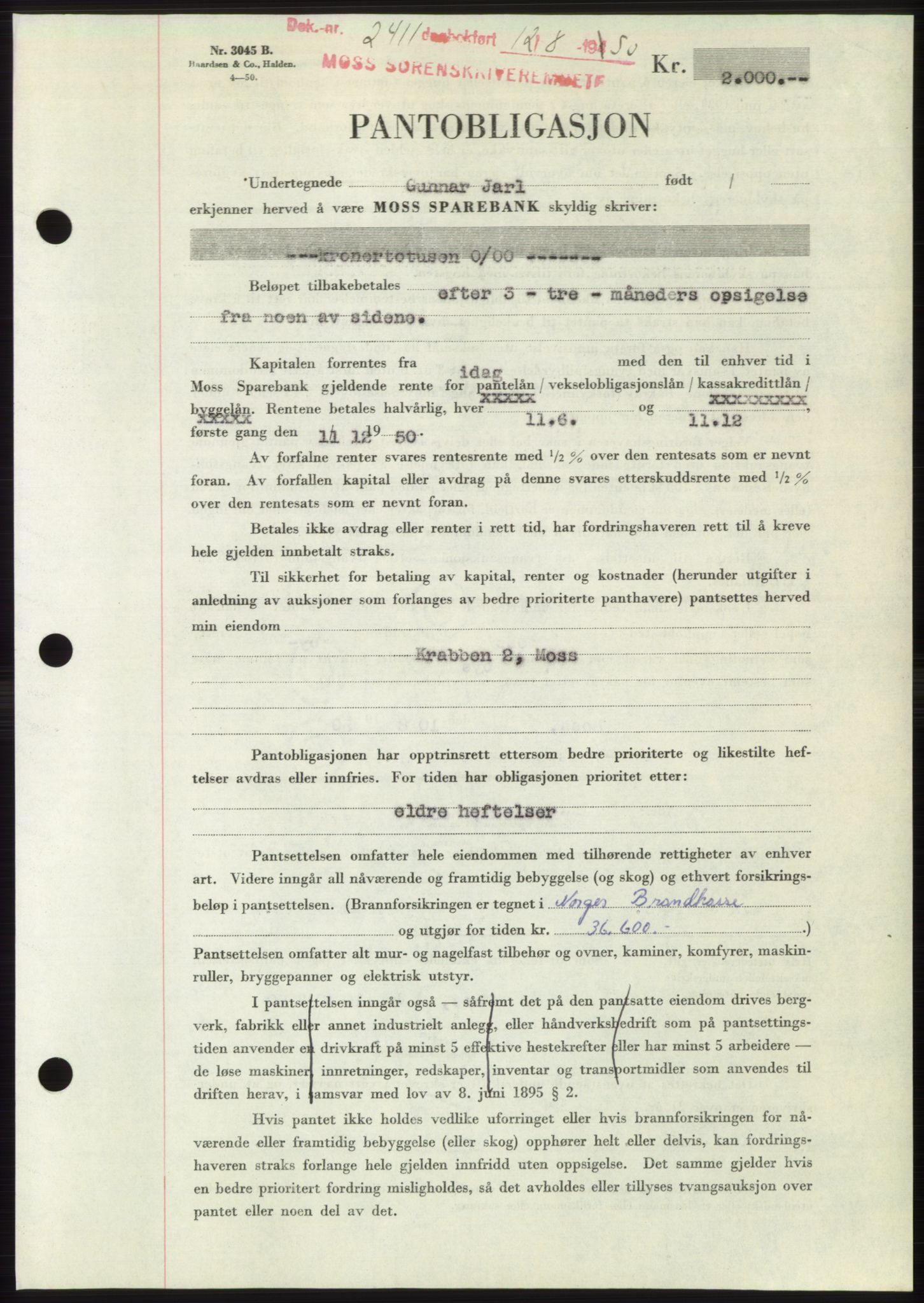 Moss sorenskriveri, SAO/A-10168: Pantebok nr. B25, 1950-1950, Dagboknr: 2411/1950