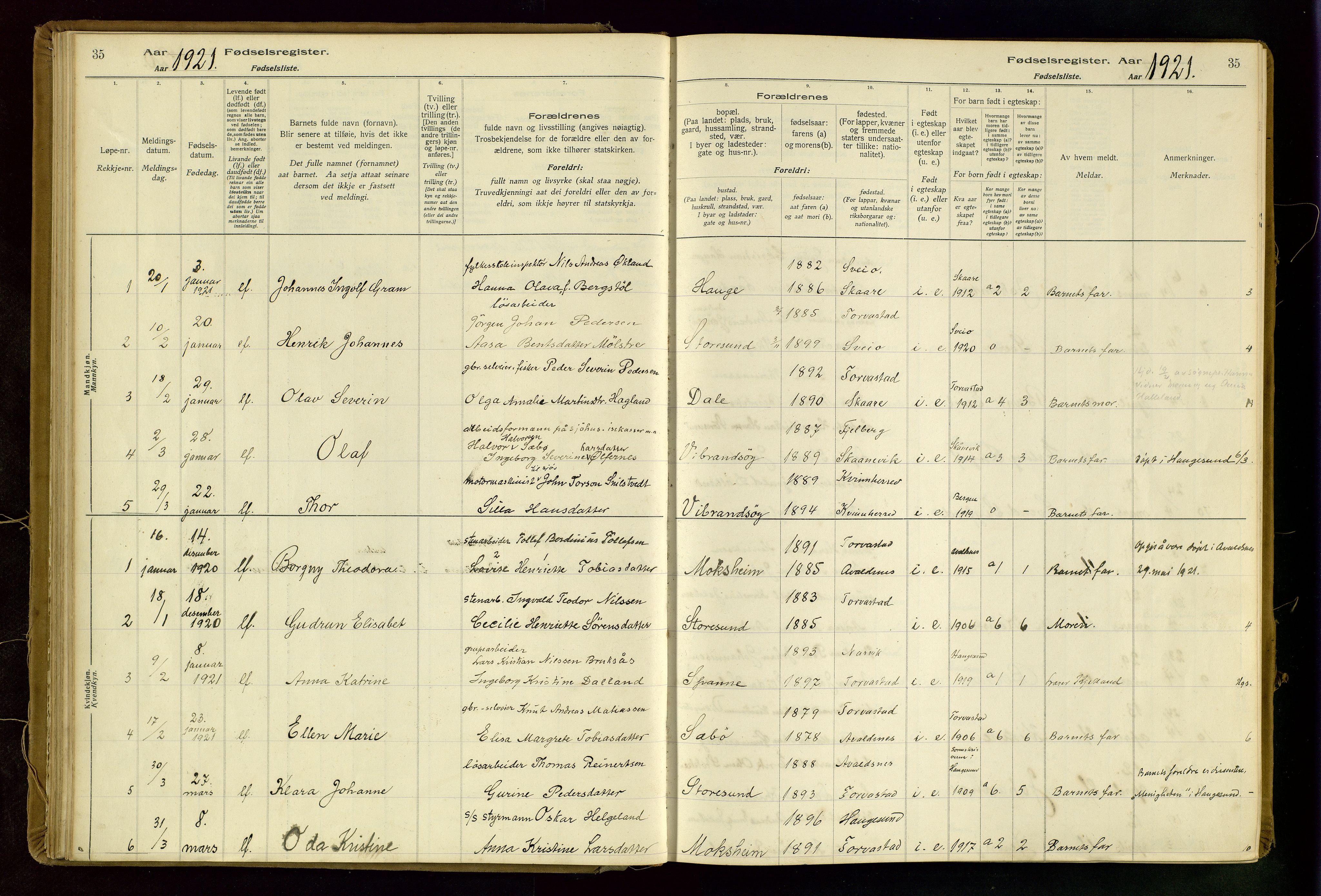 Torvastad sokneprestkontor, SAST/A -101857/I/Id/L0002: Fødselsregister nr. 2, 1916-1950, s. 35