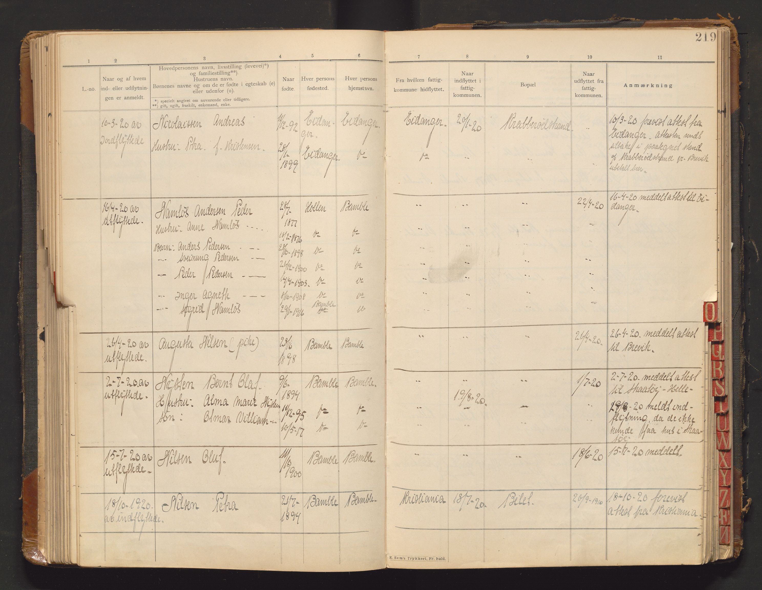 Bamble lensmannskontor, AV/SAKO-A-552/O/Oa/L0001: Protokoll over inn- og utflyttede - Bamble, 1901-1933, s. 219