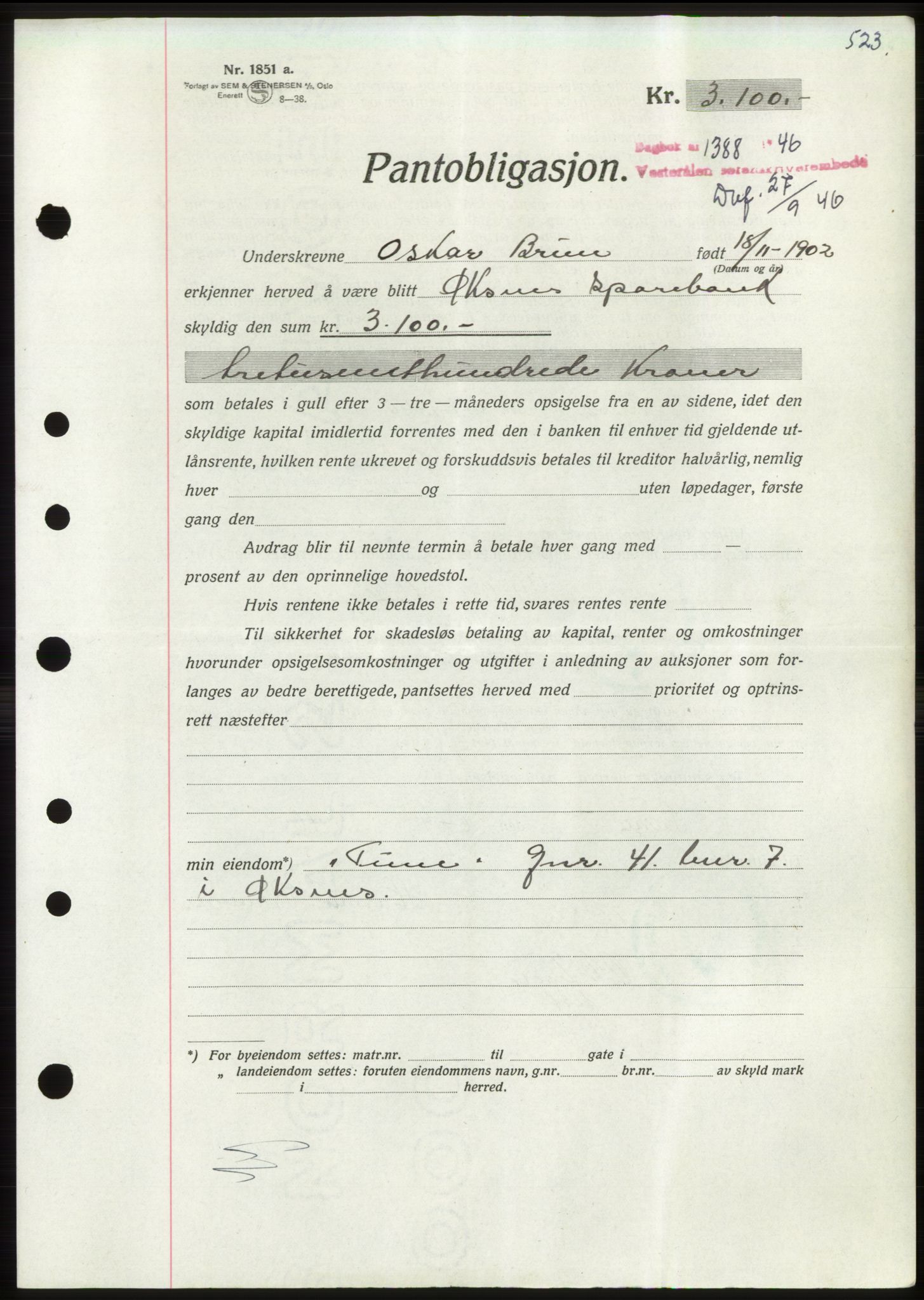 Vesterålen sorenskriveri, AV/SAT-A-4180/1/2/2Ca: Pantebok nr. B11-14, 1941-1946, Dagboknr: 1388/1946