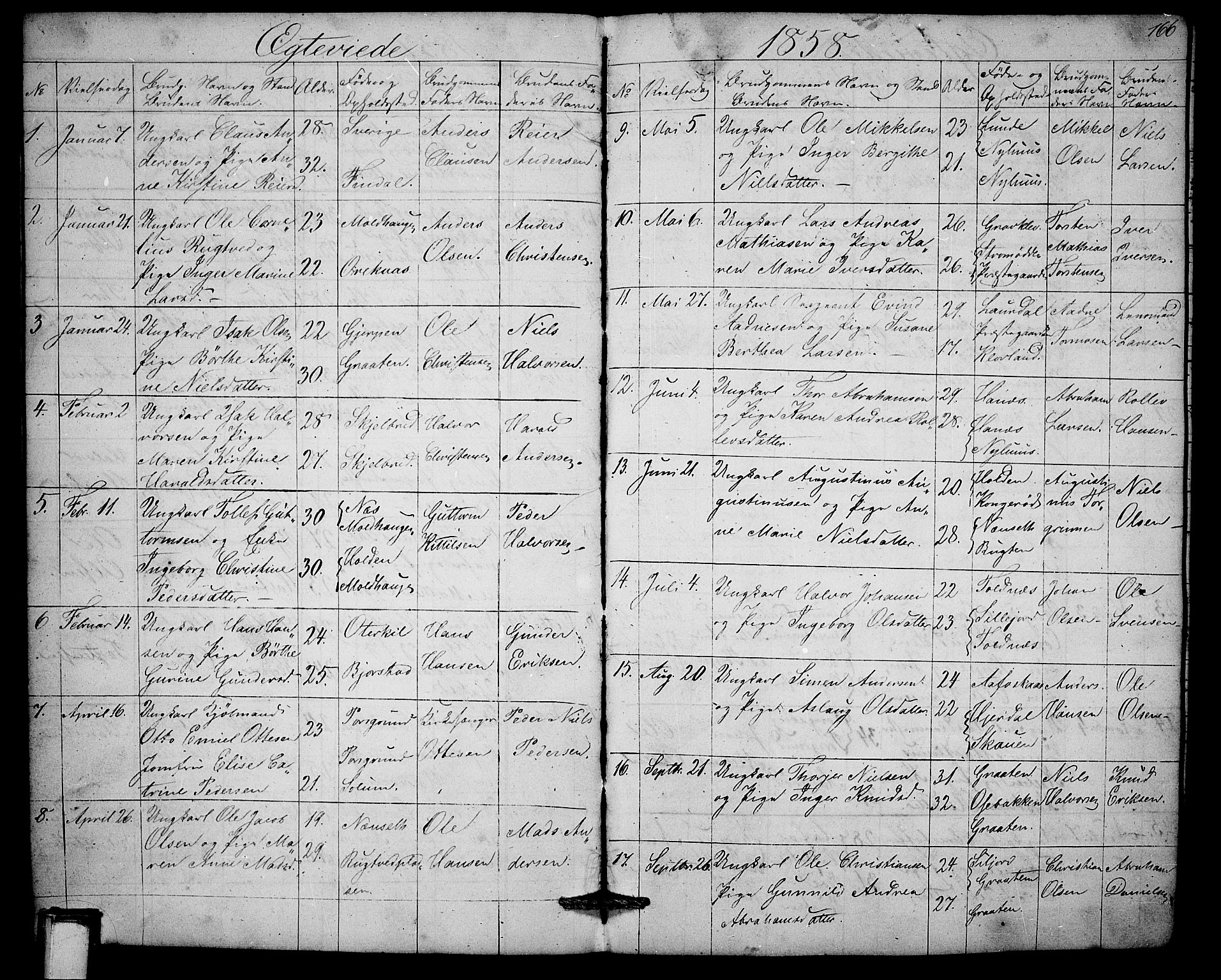 Solum kirkebøker, AV/SAKO-A-306/G/Ga/L0003: Klokkerbok nr. I 3, 1848-1859, s. 166