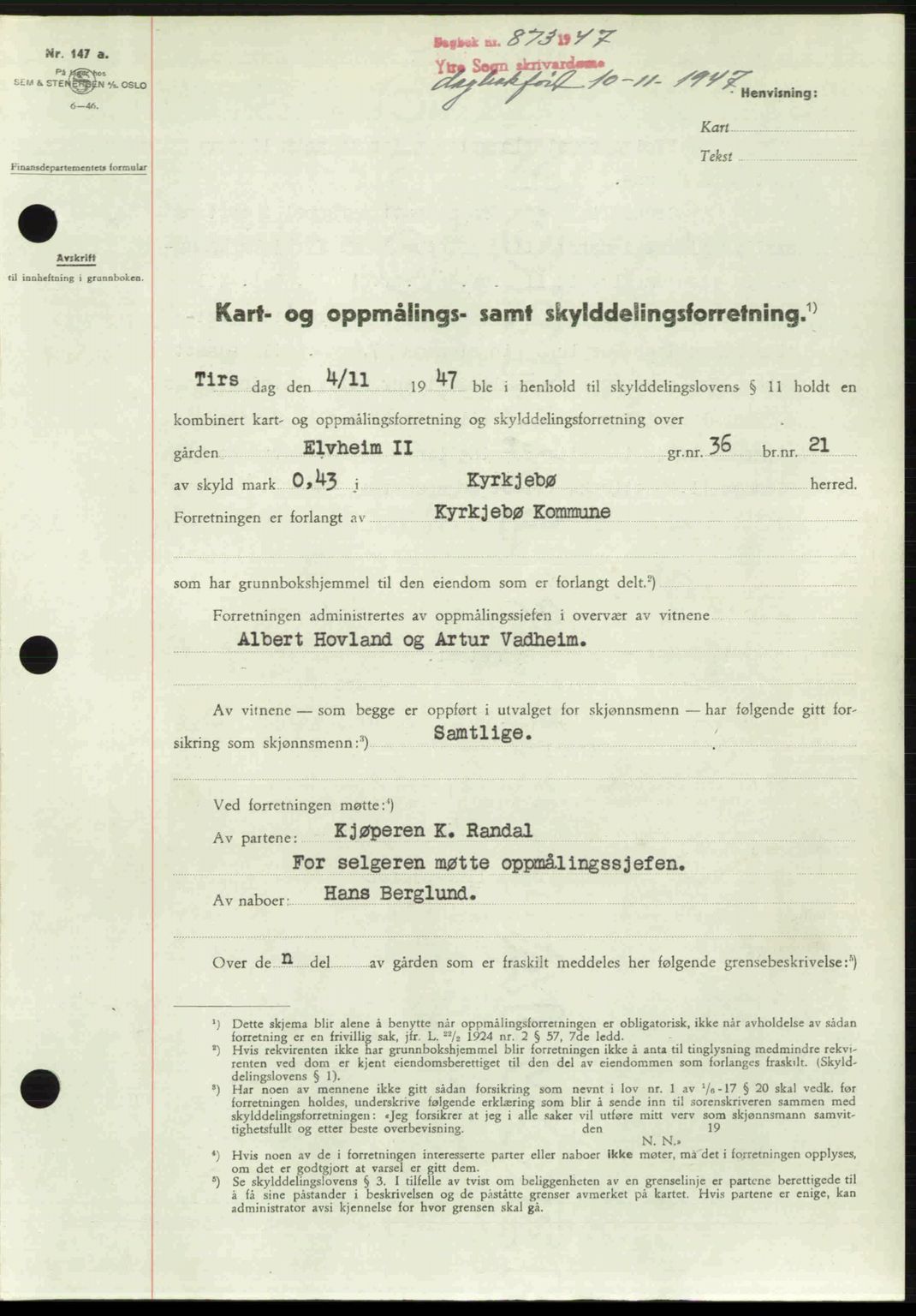 Ytre Sogn tingrett, SAB/A-2601/1/G/Gbb/L0005: Pantebok nr. A3 - A4 (B2), 1947-1948, Dagboknr: 873/1947