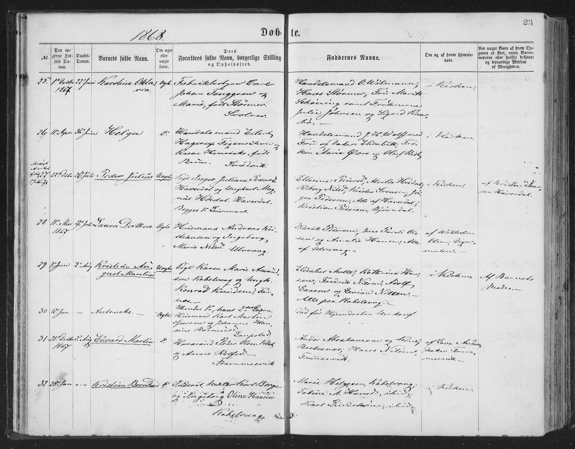Ministerialprotokoller, klokkerbøker og fødselsregistre - Nordland, AV/SAT-A-1459/874/L1057: Ministerialbok nr. 874A01, 1866-1877, s. 23