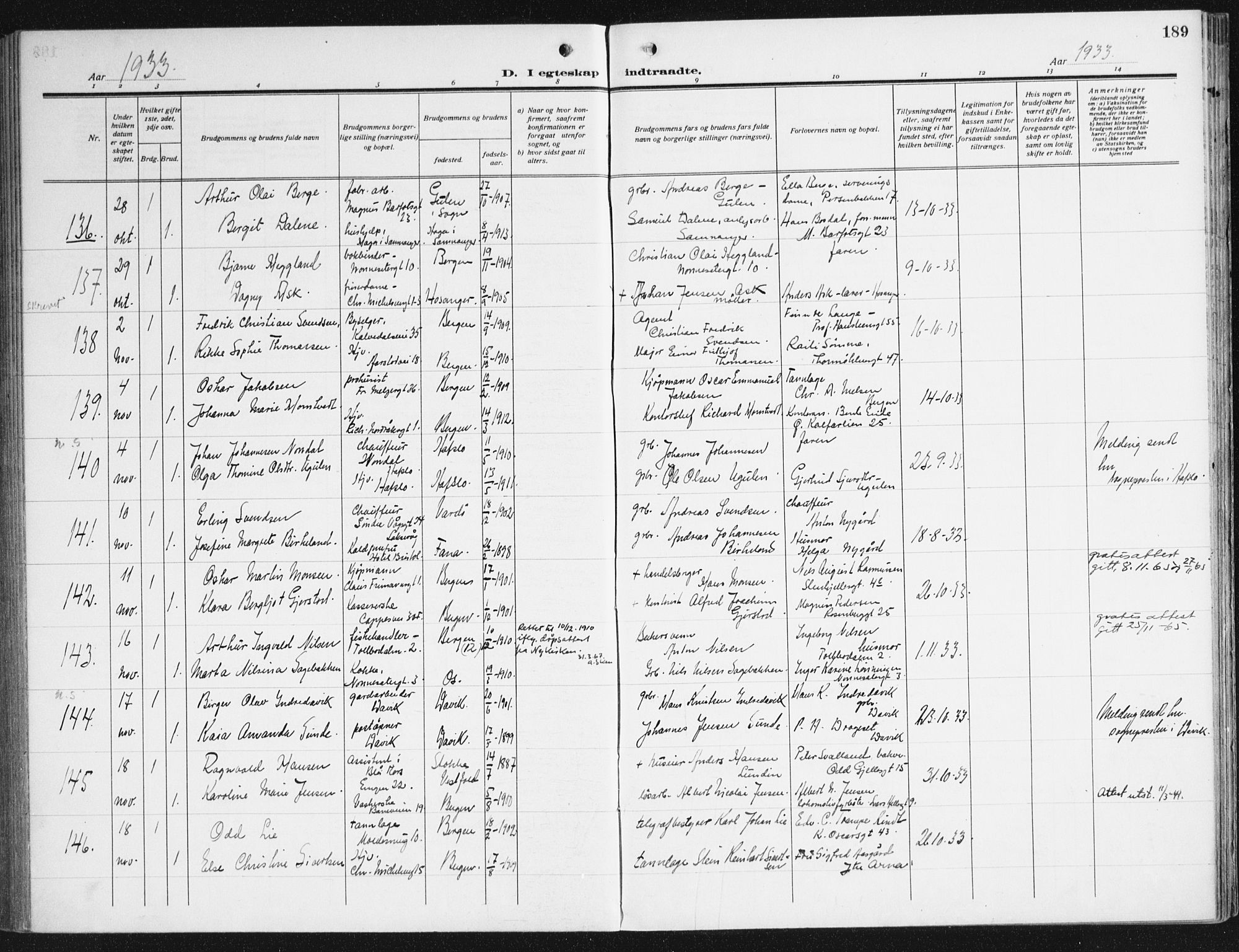 Domkirken sokneprestembete, AV/SAB-A-74801/H/Haa/L0039: Ministerialbok nr. D 6, 1921-1937, s. 189