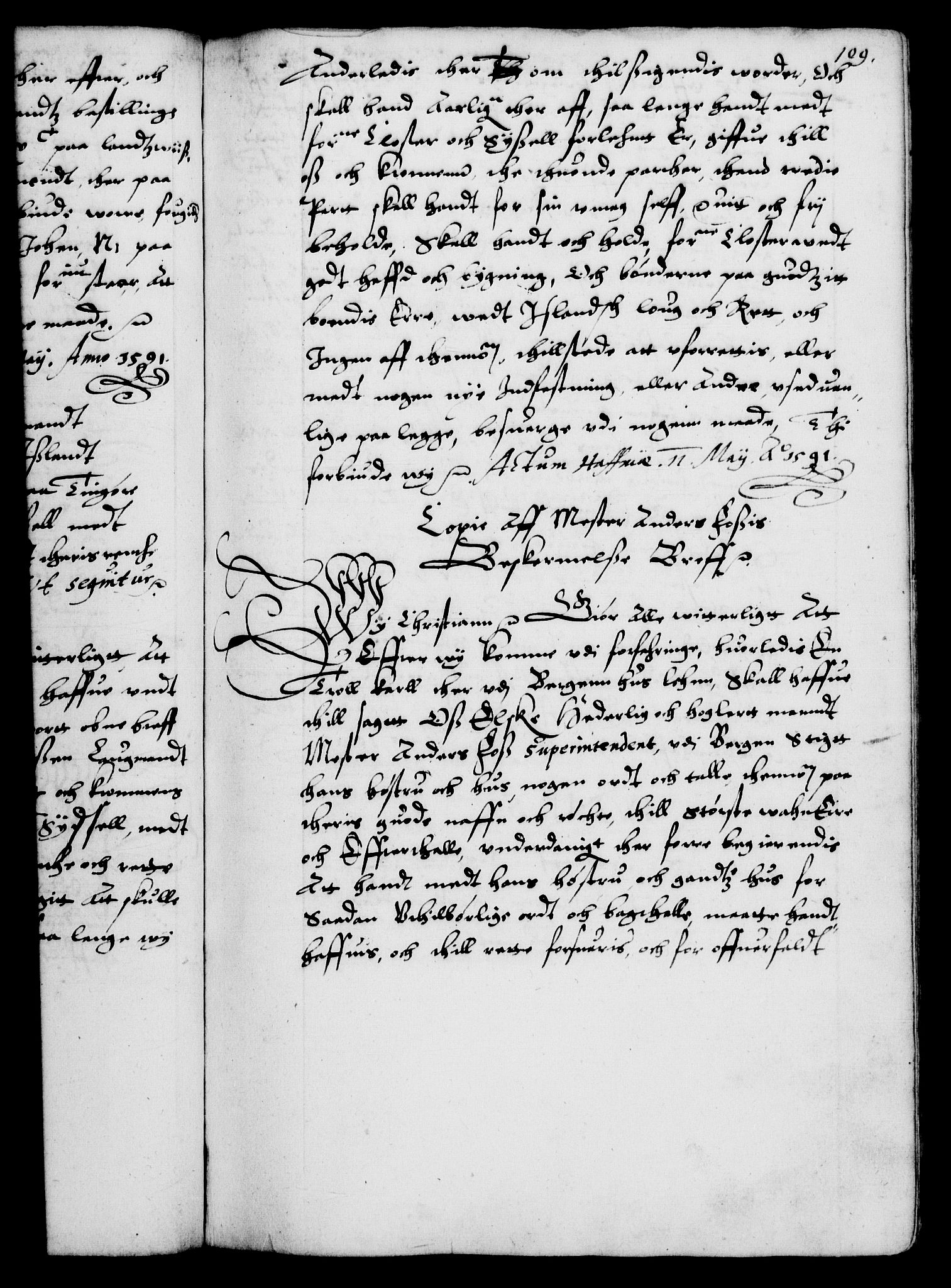 Danske Kanselli 1572-1799, RA/EA-3023/F/Fc/Fca/Fcaa/L0002: Norske registre (mikrofilm), 1588-1596, s. 109a