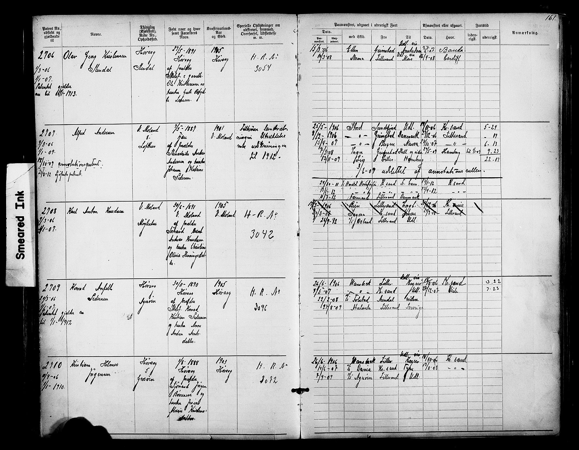 Lillesand mønstringskrets, AV/SAK-2031-0014/F/Fa/L0003: Annotasjonsrulle nr 1911-3489 med register, W-9, 1891-1932, s. 190
