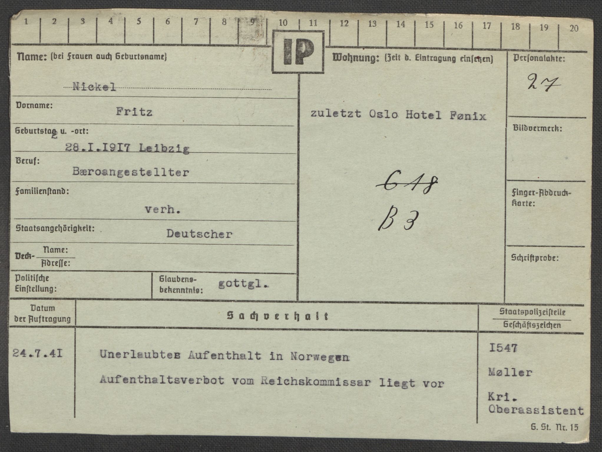 Befehlshaber der Sicherheitspolizei und des SD, AV/RA-RAFA-5969/E/Ea/Eaa/L0007: Register over norske fanger i Møllergata 19: Lundb-N, 1940-1945, s. 1044