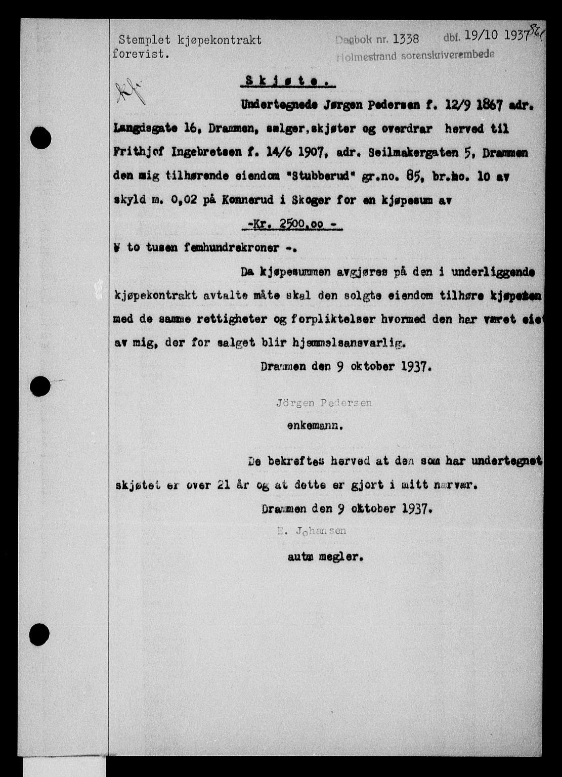 Holmestrand sorenskriveri, SAKO/A-67/G/Ga/Gaa/L0048: Pantebok nr. A-48, 1936-1937, Dagboknr: 1338/1937