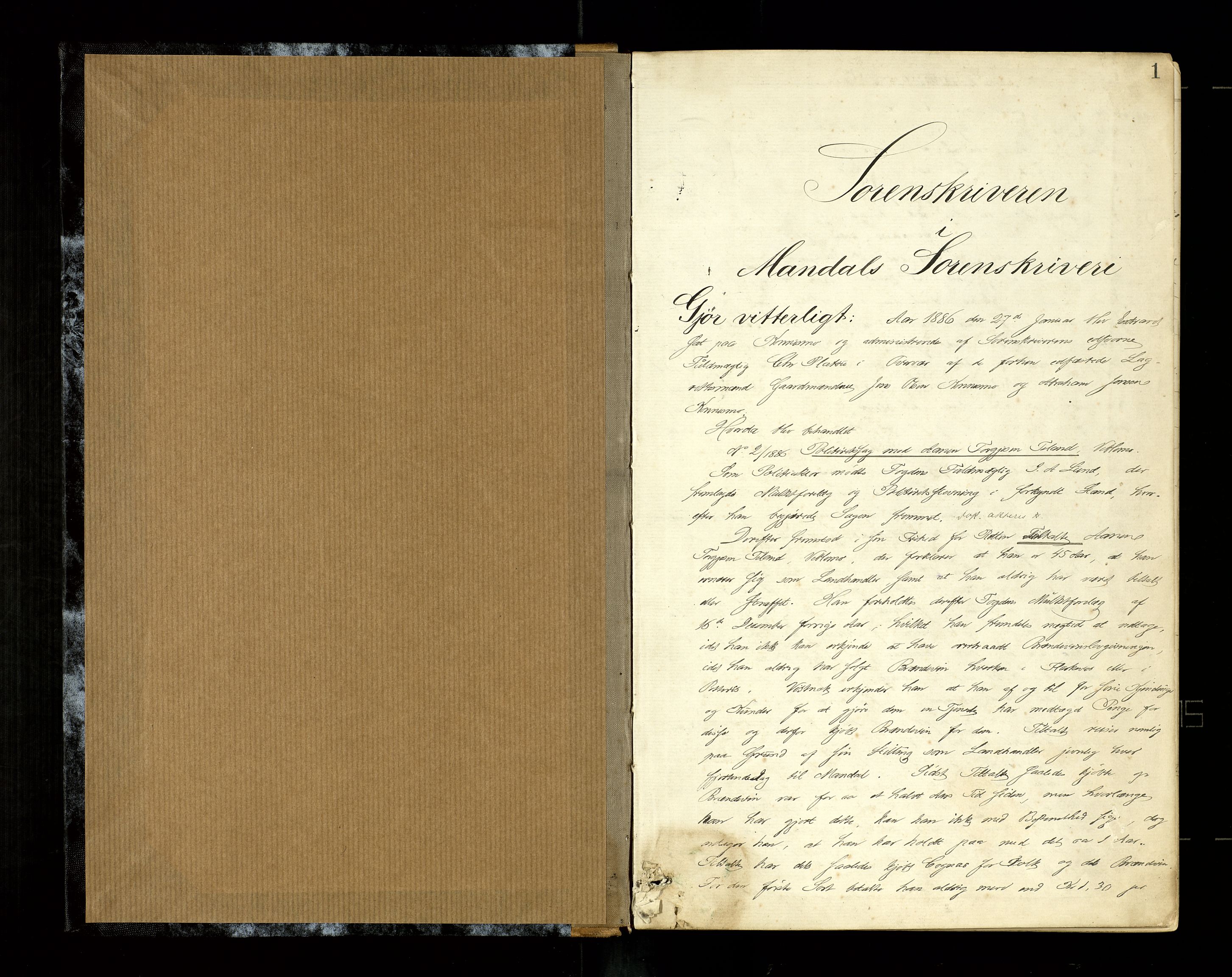 Mandal sorenskriveri, SAK/1221-0005/001/F/Fb/L0029: Ekstrarettsprotokoll nr 27, 1886-1889, s. 1