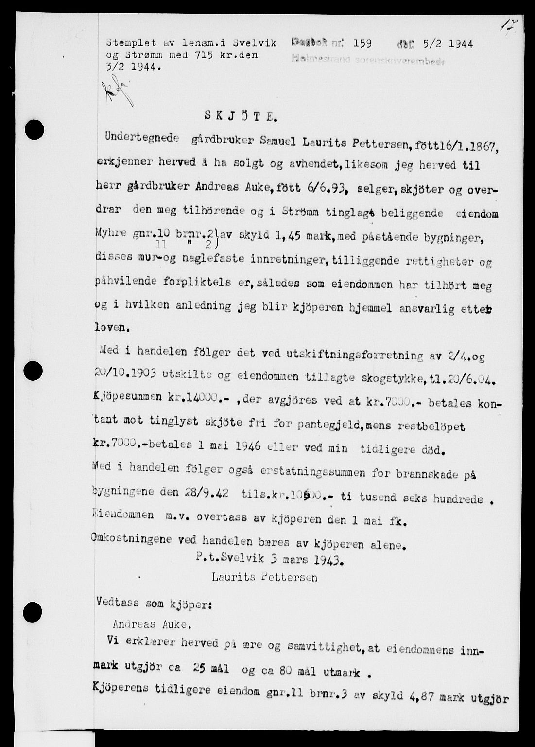 Holmestrand sorenskriveri, SAKO/A-67/G/Ga/Gaa/L0058: Pantebok nr. A-58, 1944-1944, Dagboknr: 159/1944