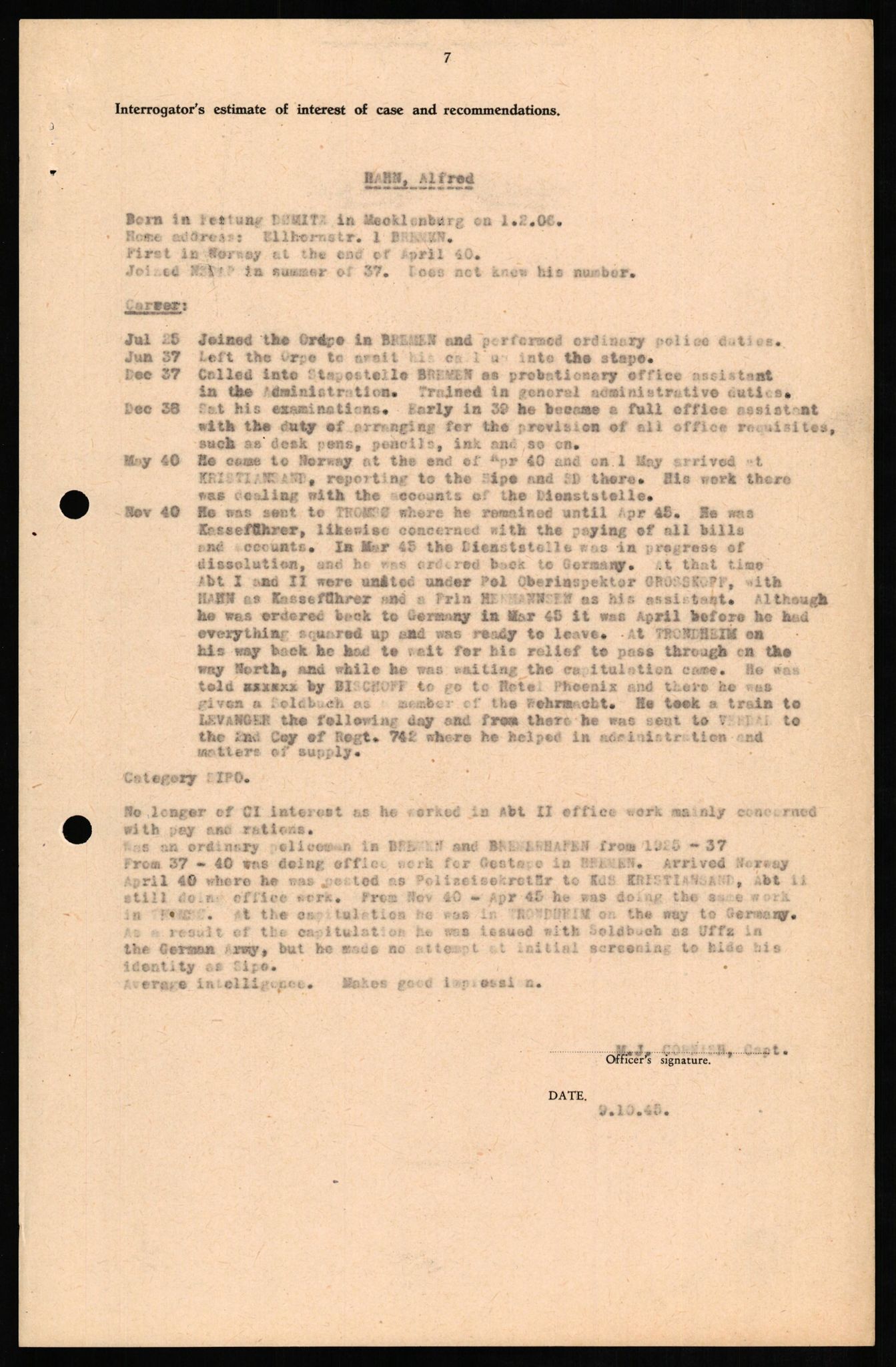 Forsvaret, Forsvarets overkommando II, RA/RAFA-3915/D/Db/L0011: CI Questionaires. Tyske okkupasjonsstyrker i Norge. Tyskere., 1945-1946, s. 311