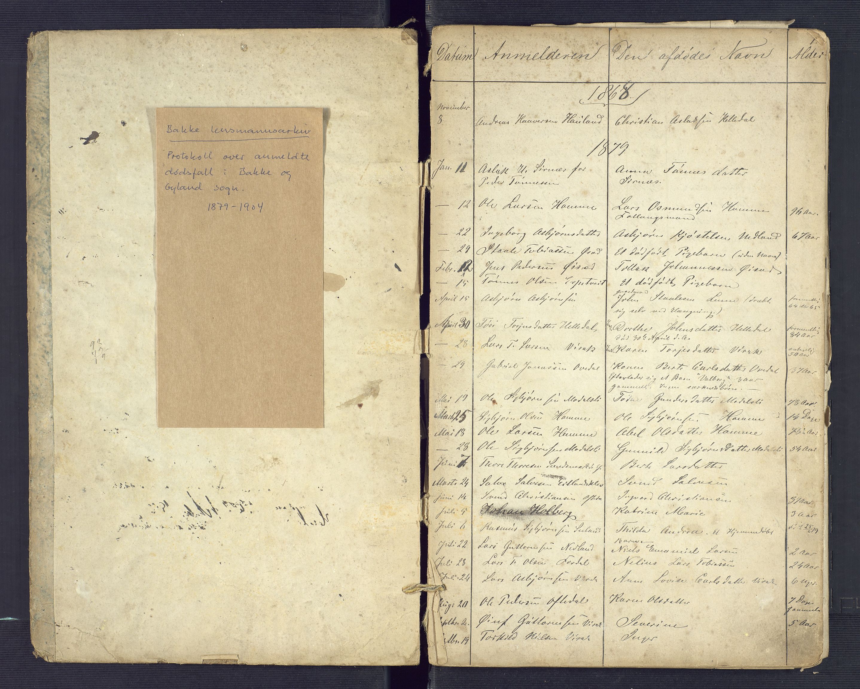 Bakke og Gyland lensmannskontor, AV/SAK-1241-0002/F/Fe/L0001: Anmeldte dødsfall nr 5, 1879-1904, s. 1