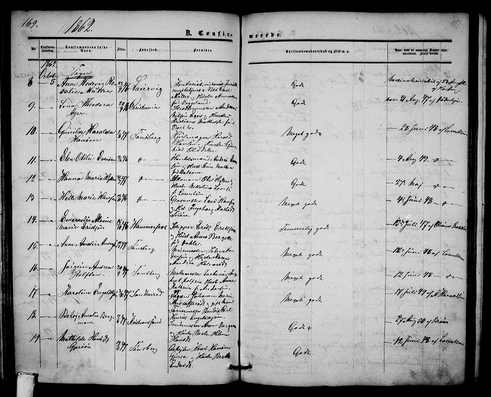 Tønsberg kirkebøker, AV/SAKO-A-330/G/Ga/L0003: Klokkerbok nr. 3, 1855-1864, s. 169