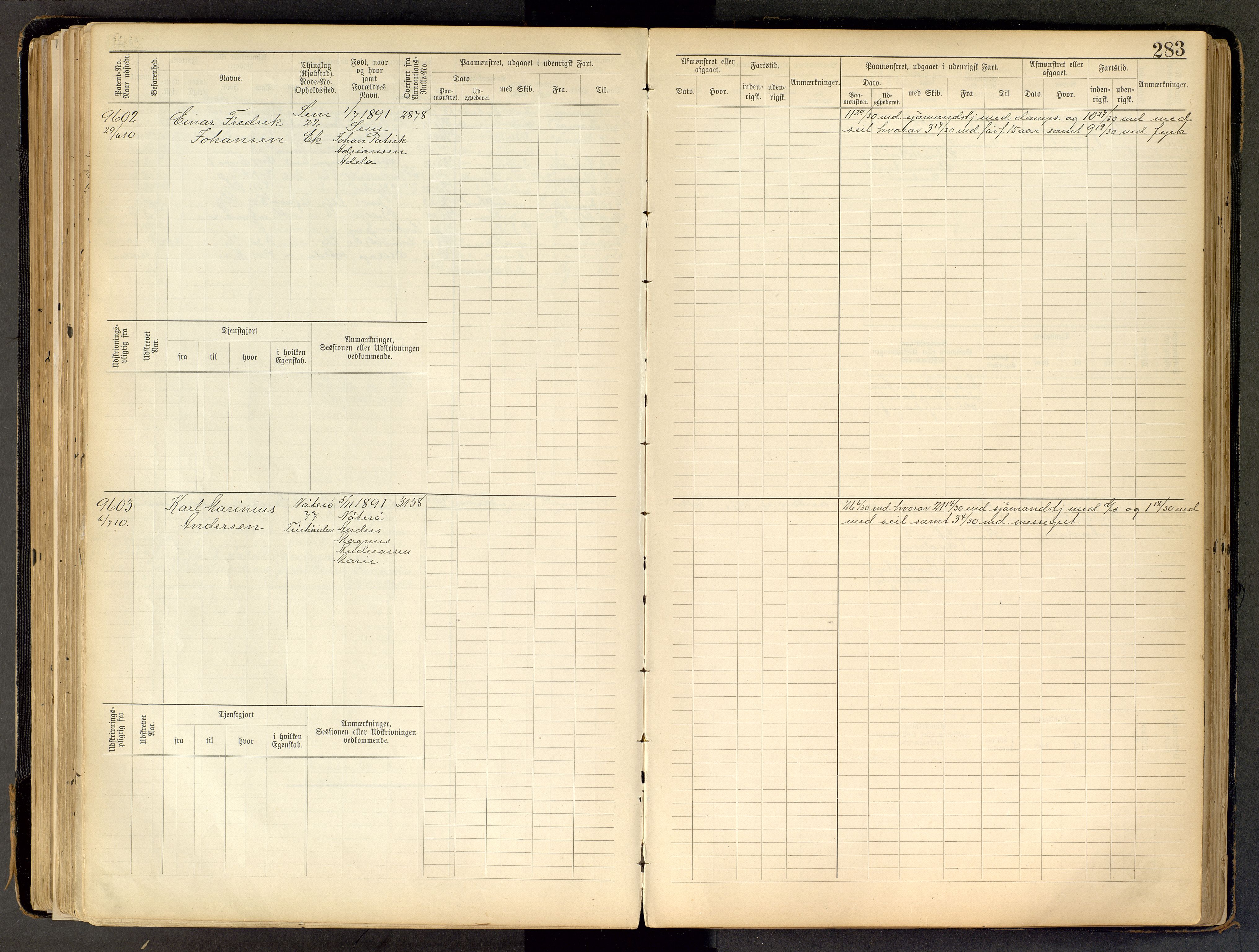 Tønsberg innrulleringskontor, AV/SAKO-A-786/F/Fc/Fca/L0011: Hovedrulle Patent nr. 9038-9992, 1900-1912, s. 283