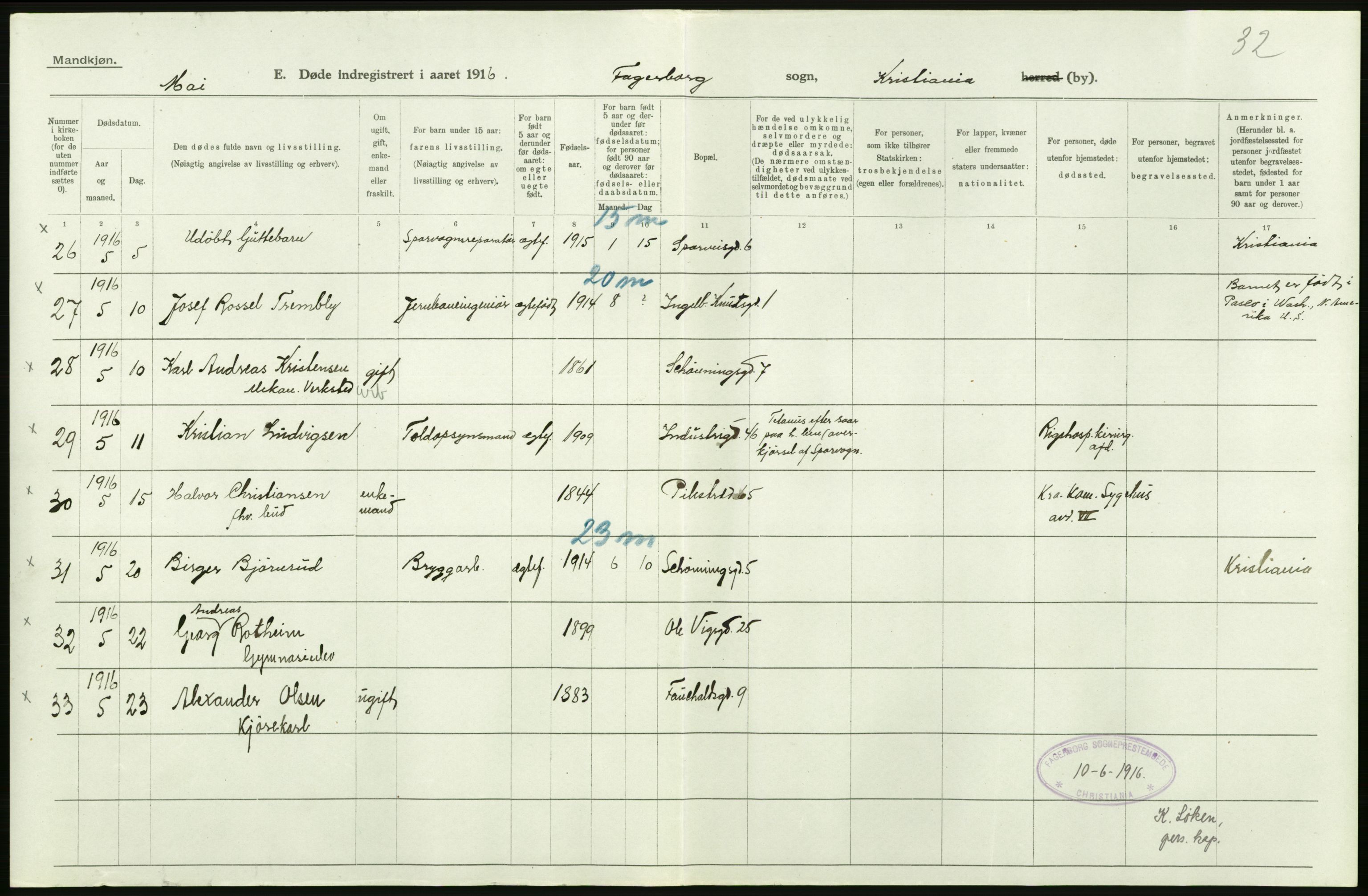 Statistisk sentralbyrå, Sosiodemografiske emner, Befolkning, AV/RA-S-2228/D/Df/Dfb/Dfbf/L0010: Kristiania: Døde, dødfødte., 1916, s. 374