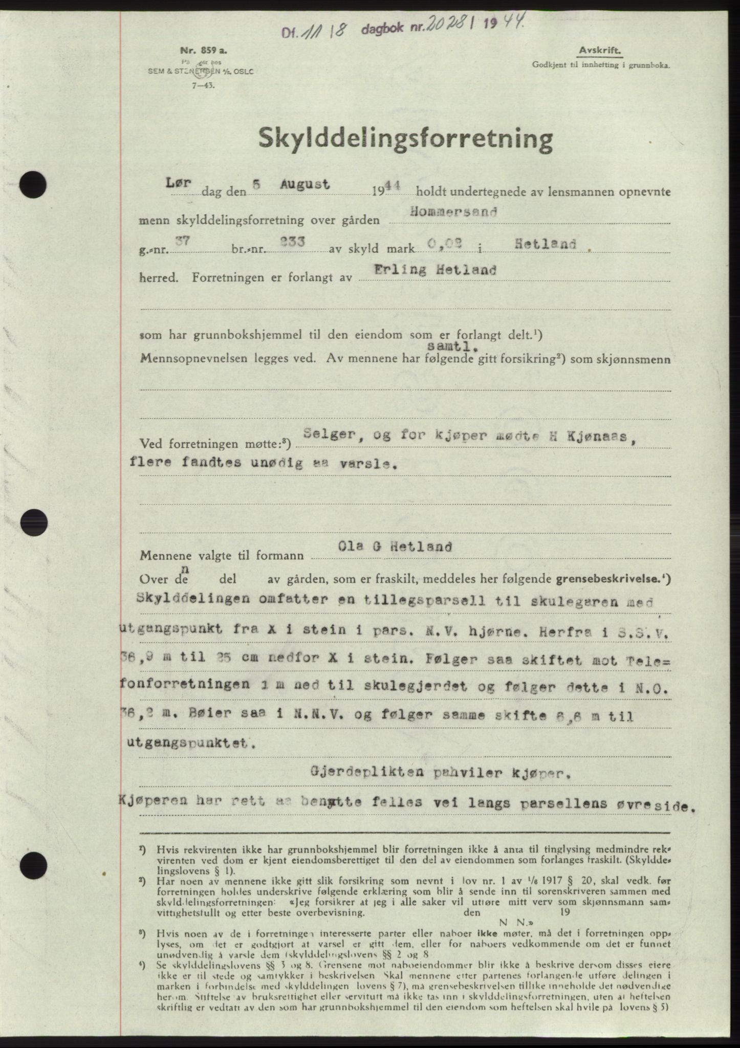 Jæren sorenskriveri, SAST/A-100310/03/G/Gba/L0087: Pantebok, 1944-1945, Dagboknr: 2028/1944