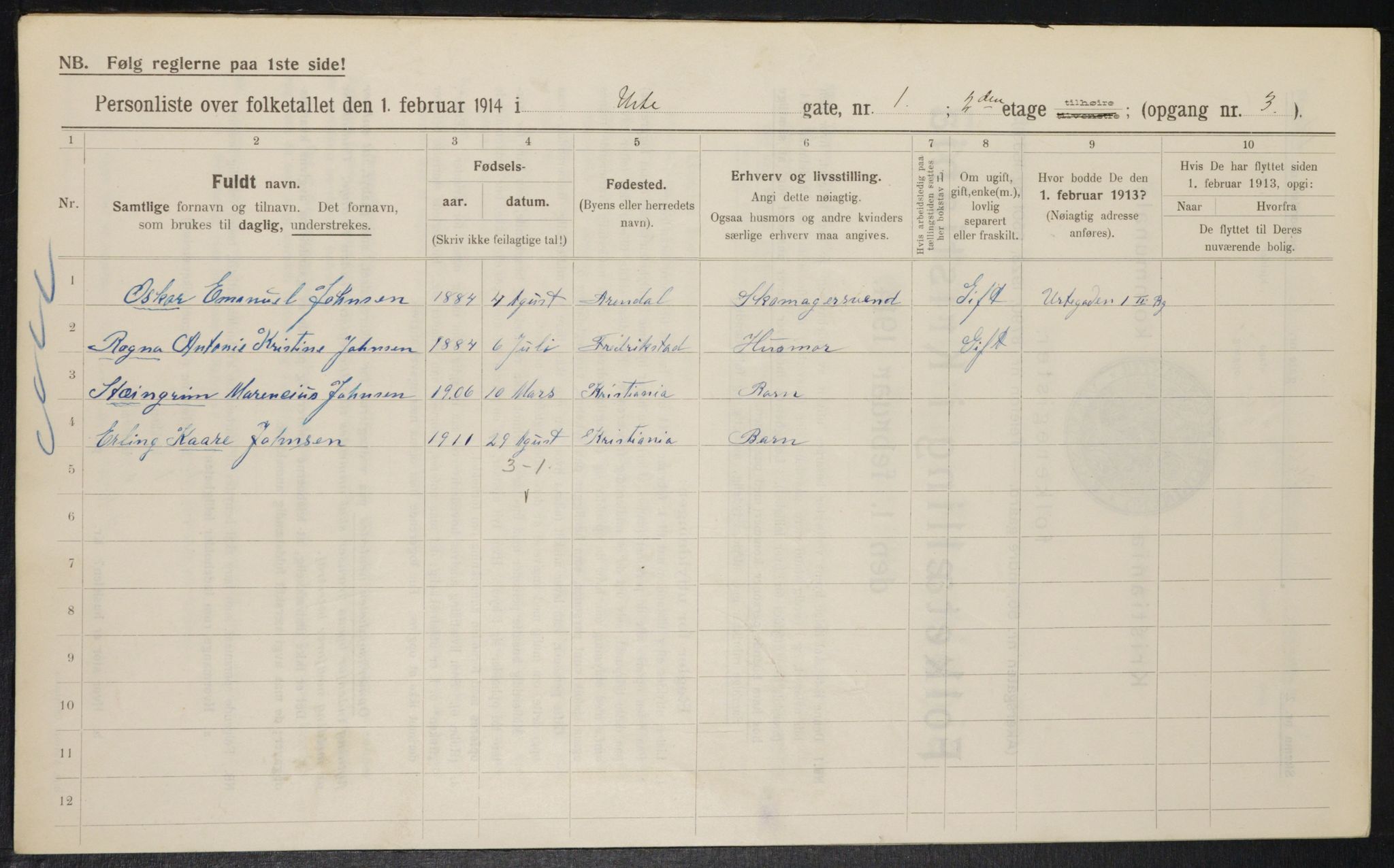 OBA, Kommunal folketelling 1.2.1914 for Kristiania, 1914, s. 121571