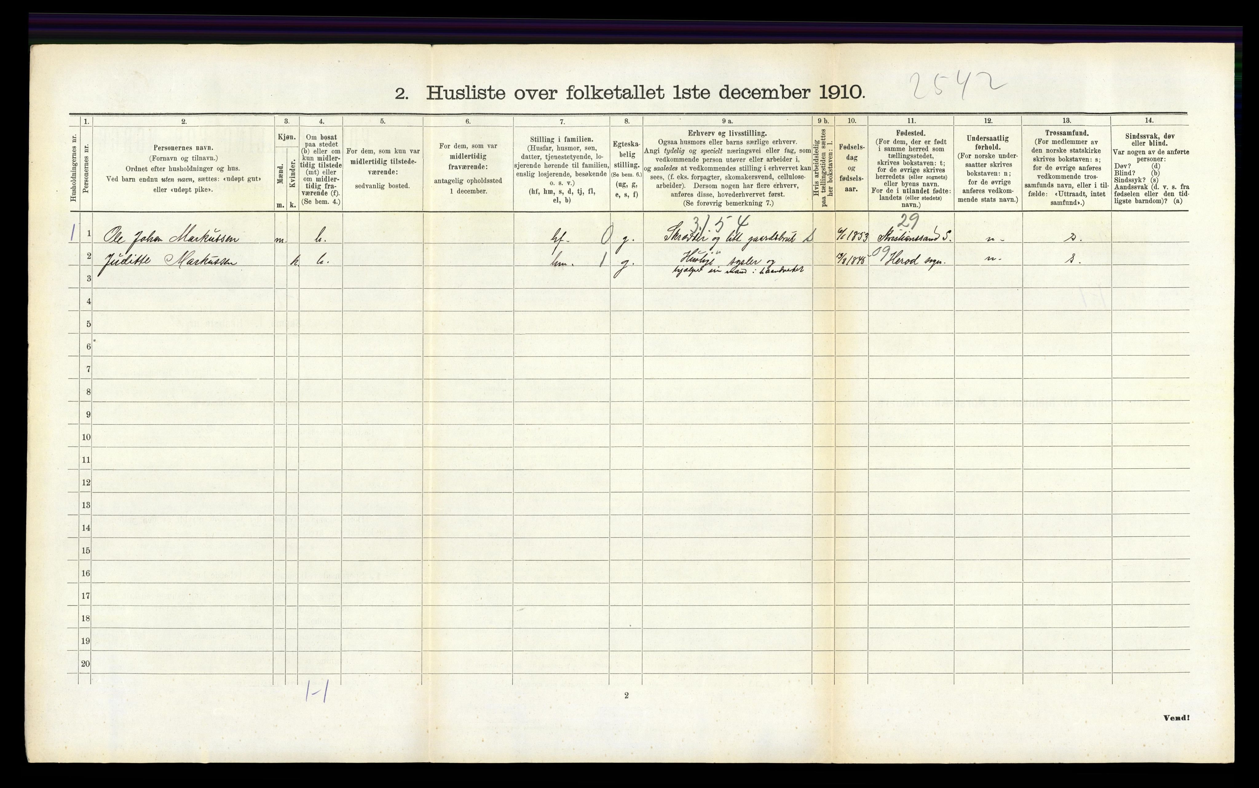 RA, Folketelling 1910 for 0923 Fjære herred, 1910, s. 262