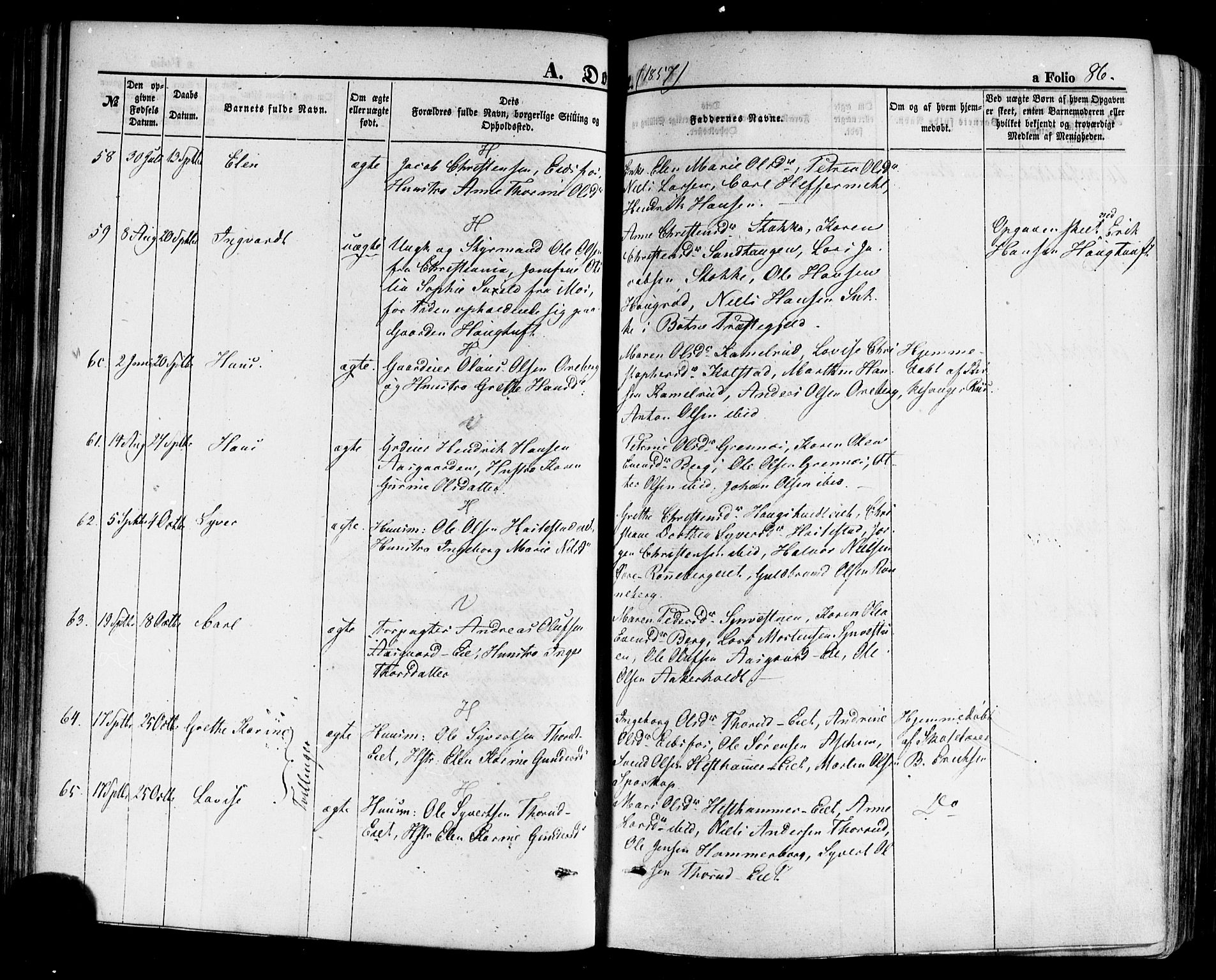 Hof kirkebøker, AV/SAKO-A-64/F/Fa/L0006: Ministerialbok nr. I 6, 1851-1877, s. 86