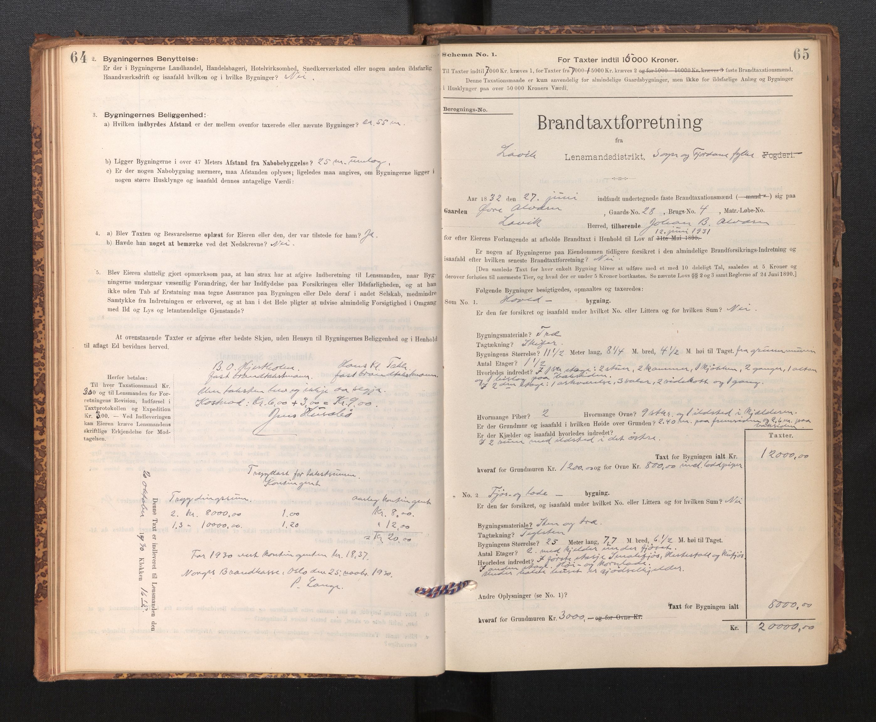 Lensmannen i Lavik, SAB/A-29101/0012/L0002: Branntakstprotokoll, skjematakst, 1895-1933, s. 64-65