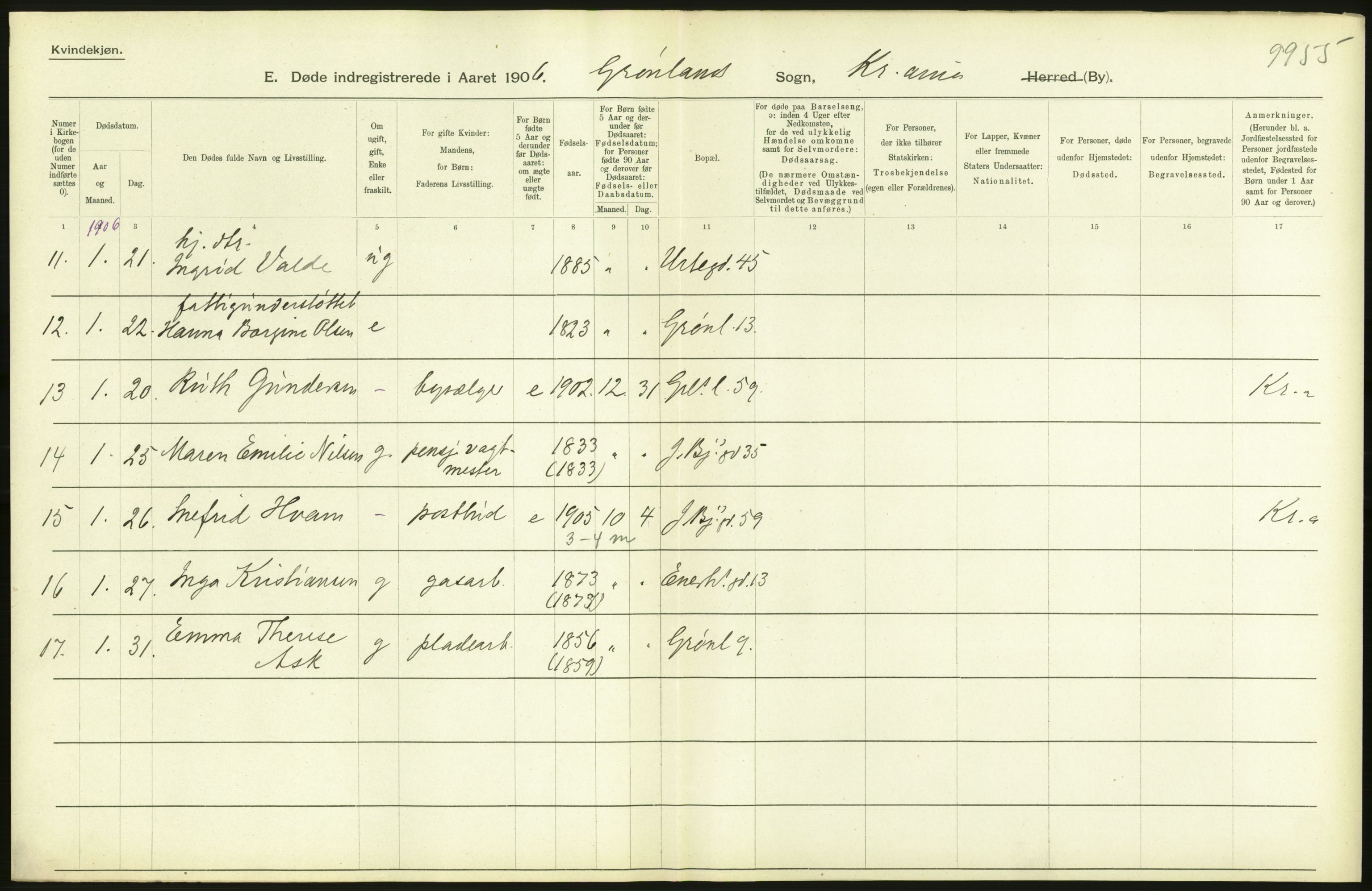 Statistisk sentralbyrå, Sosiodemografiske emner, Befolkning, AV/RA-S-2228/D/Df/Dfa/Dfad/L0009: Kristiania: Døde, 1906, s. 34