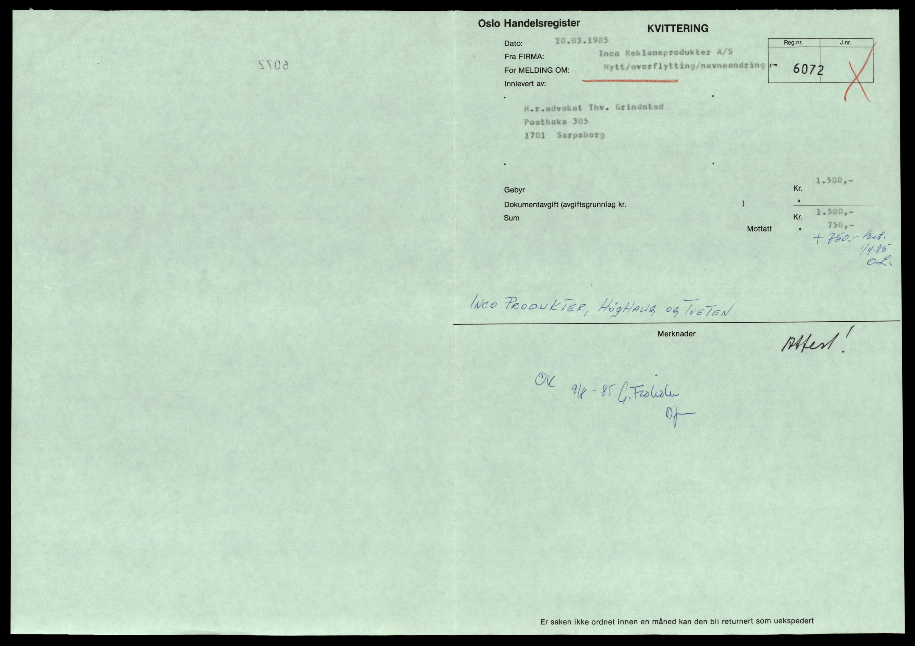 Oslo byfogd, Handelsregisteret, SAT/A-10867/G/Gc/Gca/L0352: Ikke konverterte foretak, Inc-Industriel, 1890-1990, s. 5
