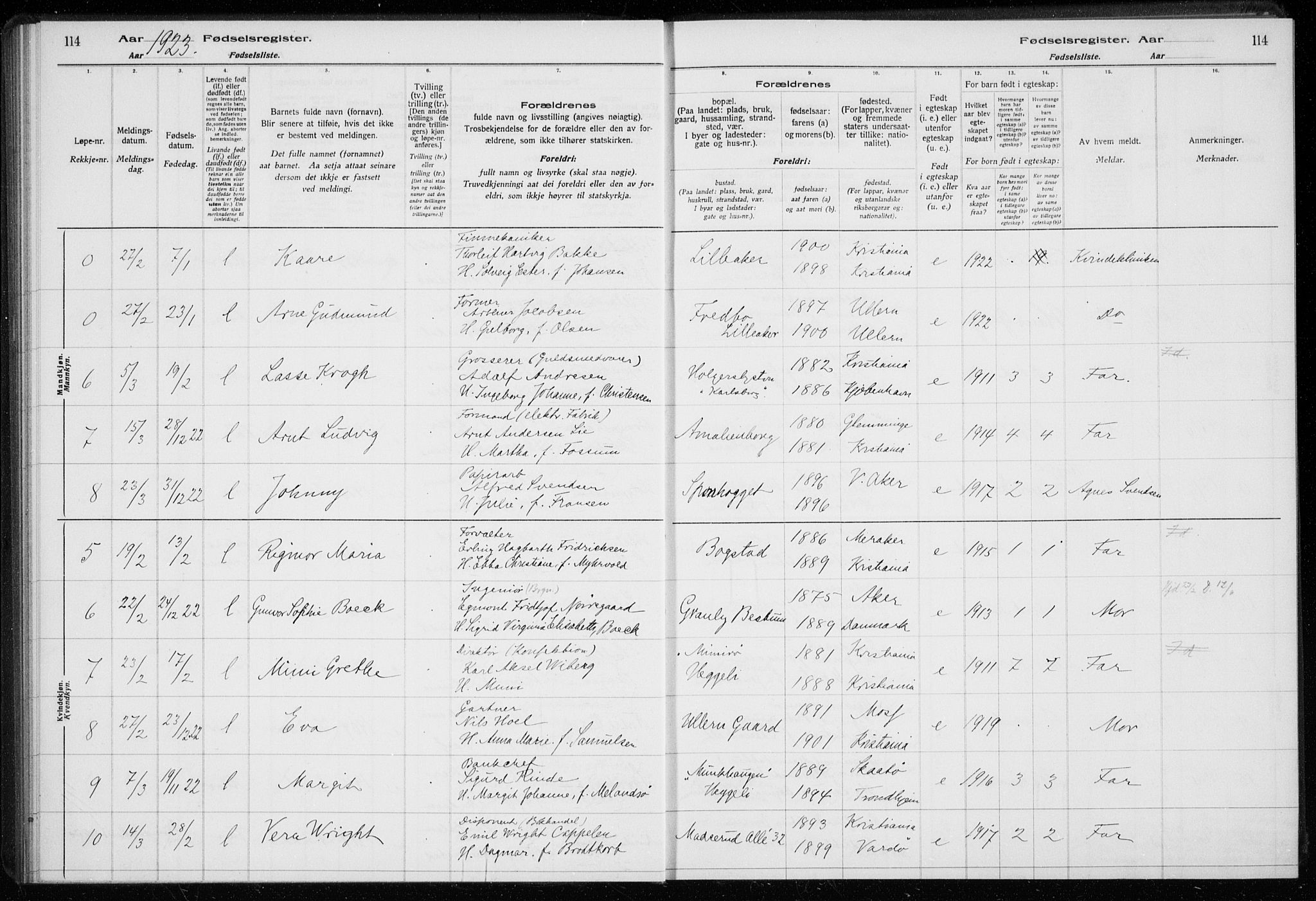 Ullern prestekontor Kirkebøker, AV/SAO-A-10740/J/L0001: Fødselsregister nr. 1, 1916-1928, s. 114